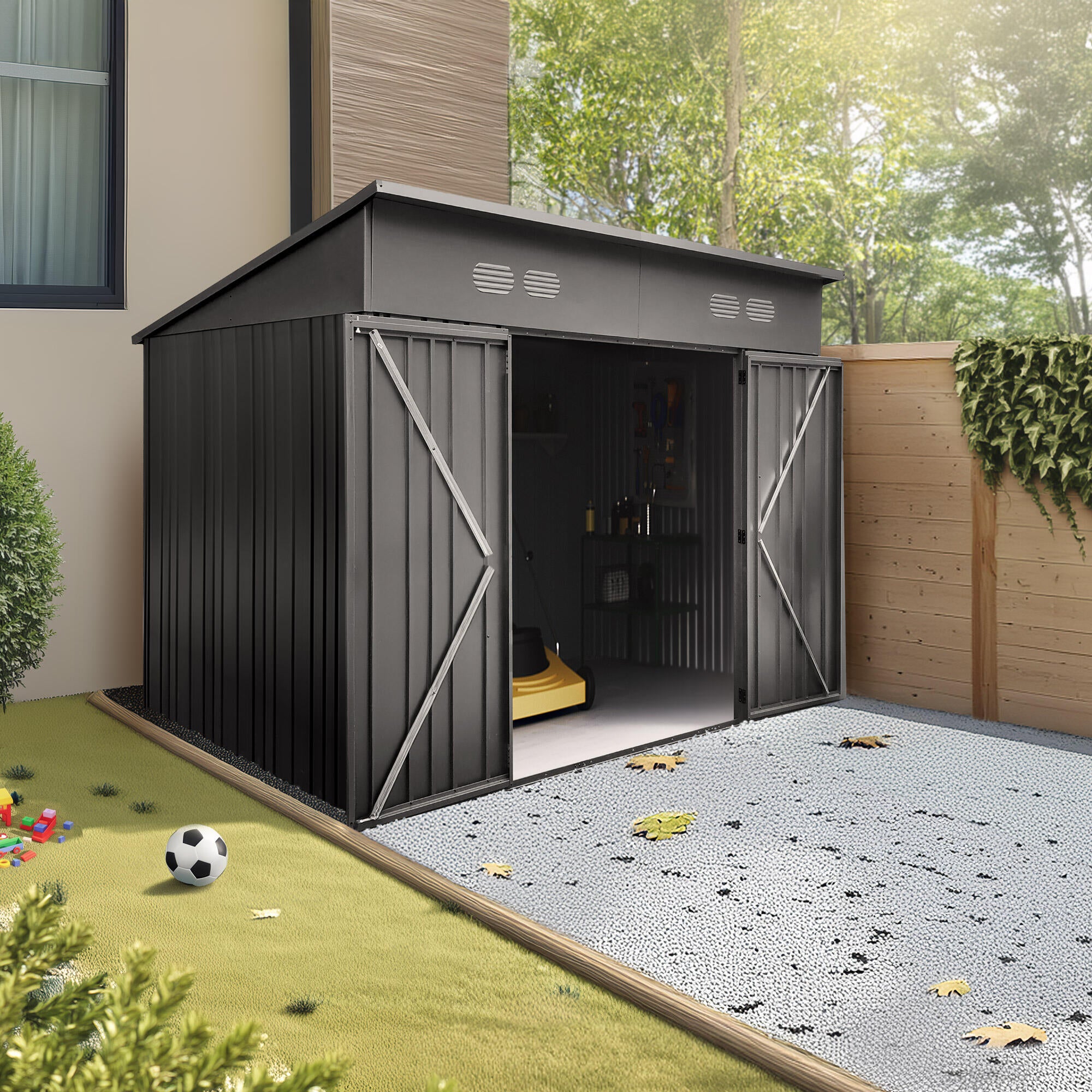 Caseta de metal Pioneer Y70 de 256x215x221 cm y 5.66 m2 con 0.6 mm espesor y doble puerta abatible HOGGAR - 11
