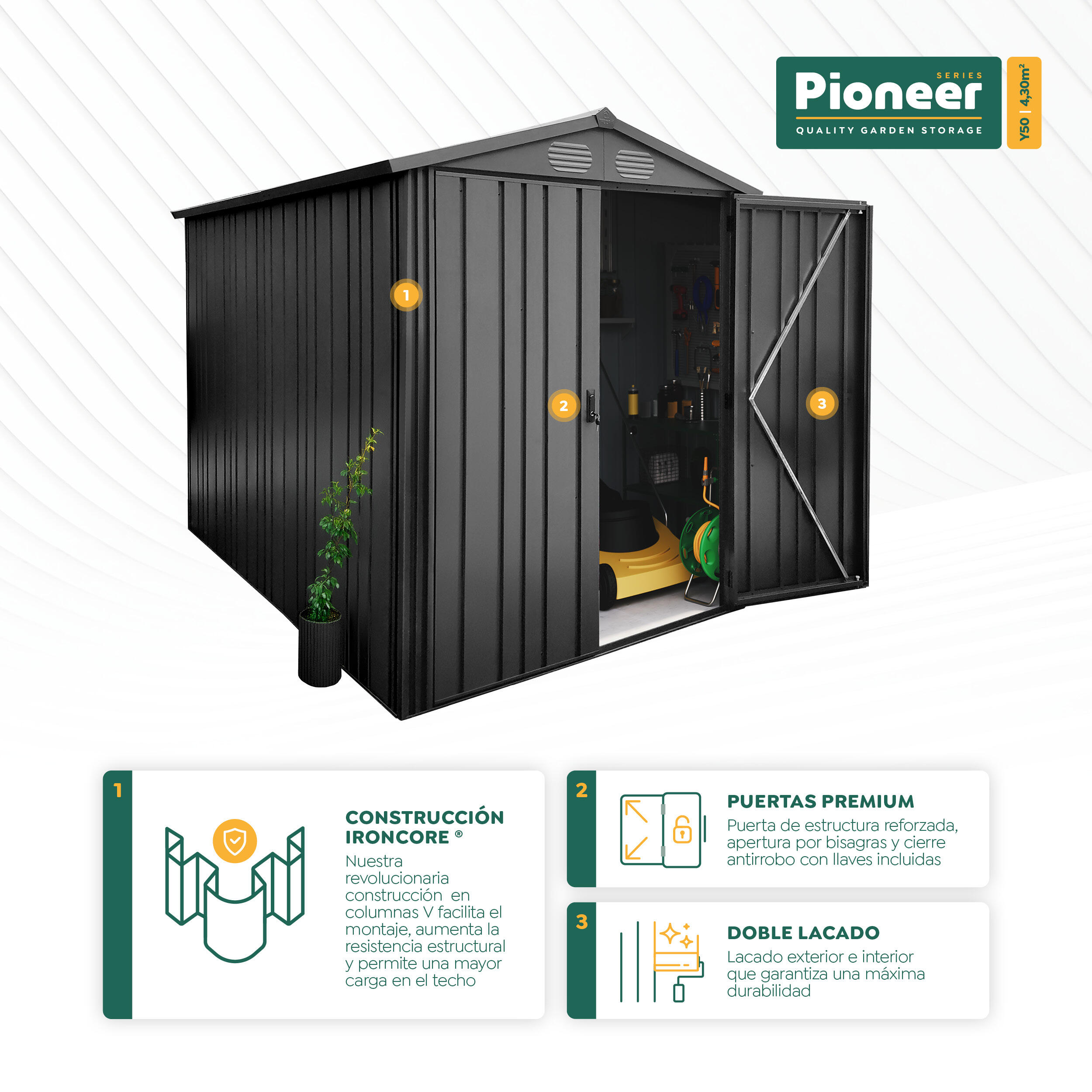 Caseta de metal Pioneer Y50 de 168x200x256 cm y 4.3 m2 con 0.6 mm espesor y doble puerta abatible HOGGAR - 12