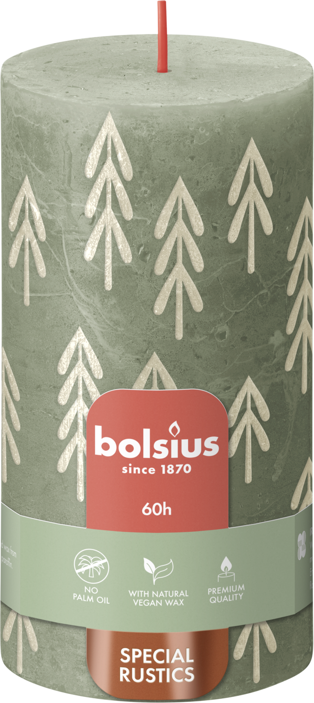 Świeca pieńkowa Rustic świąteczna oliwka wys. 13 cm Bolsius