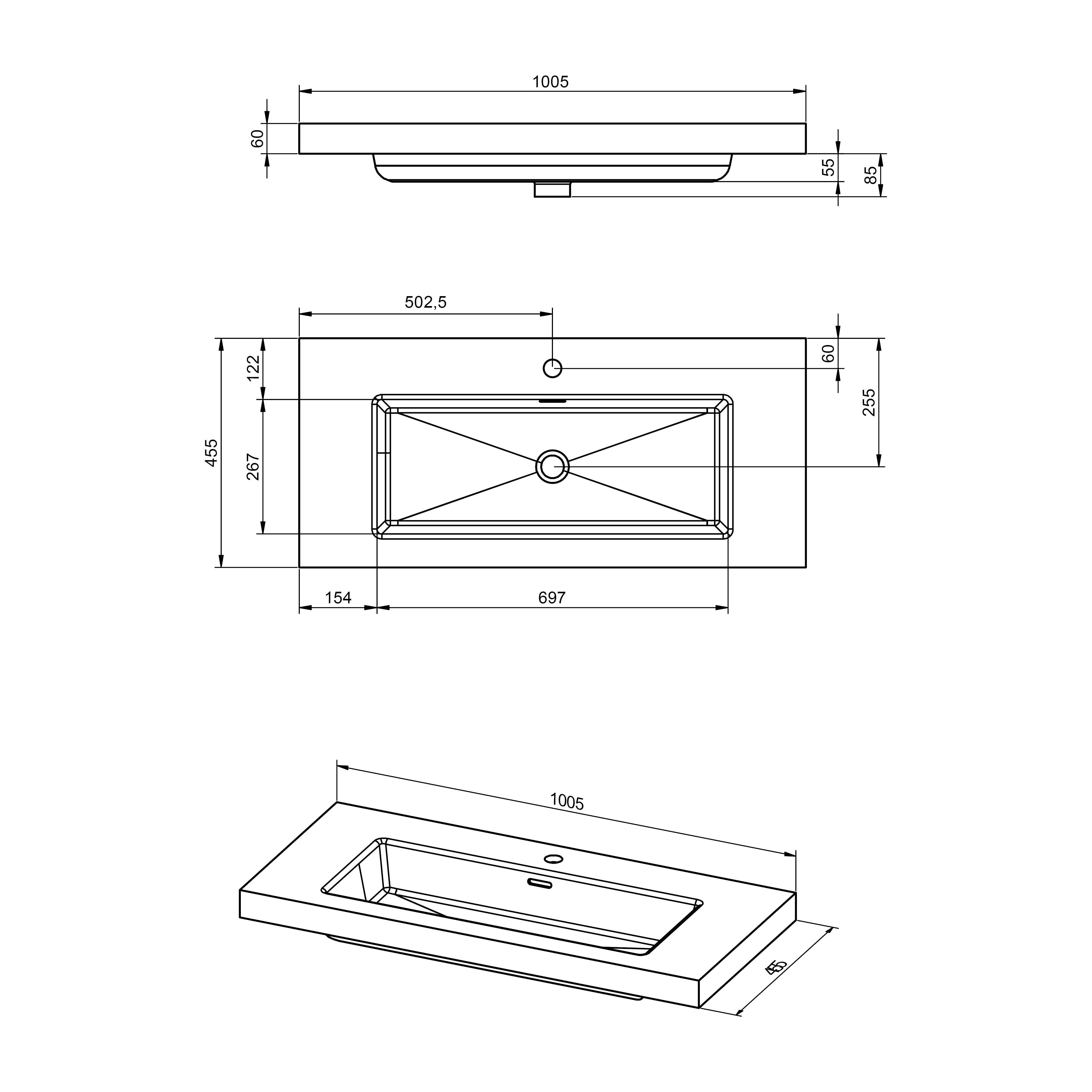 Lavabo a incasso rettangolare vasca centrale Nantes L 101 x H 6 x P 46 cm in resina nero satinato - 5