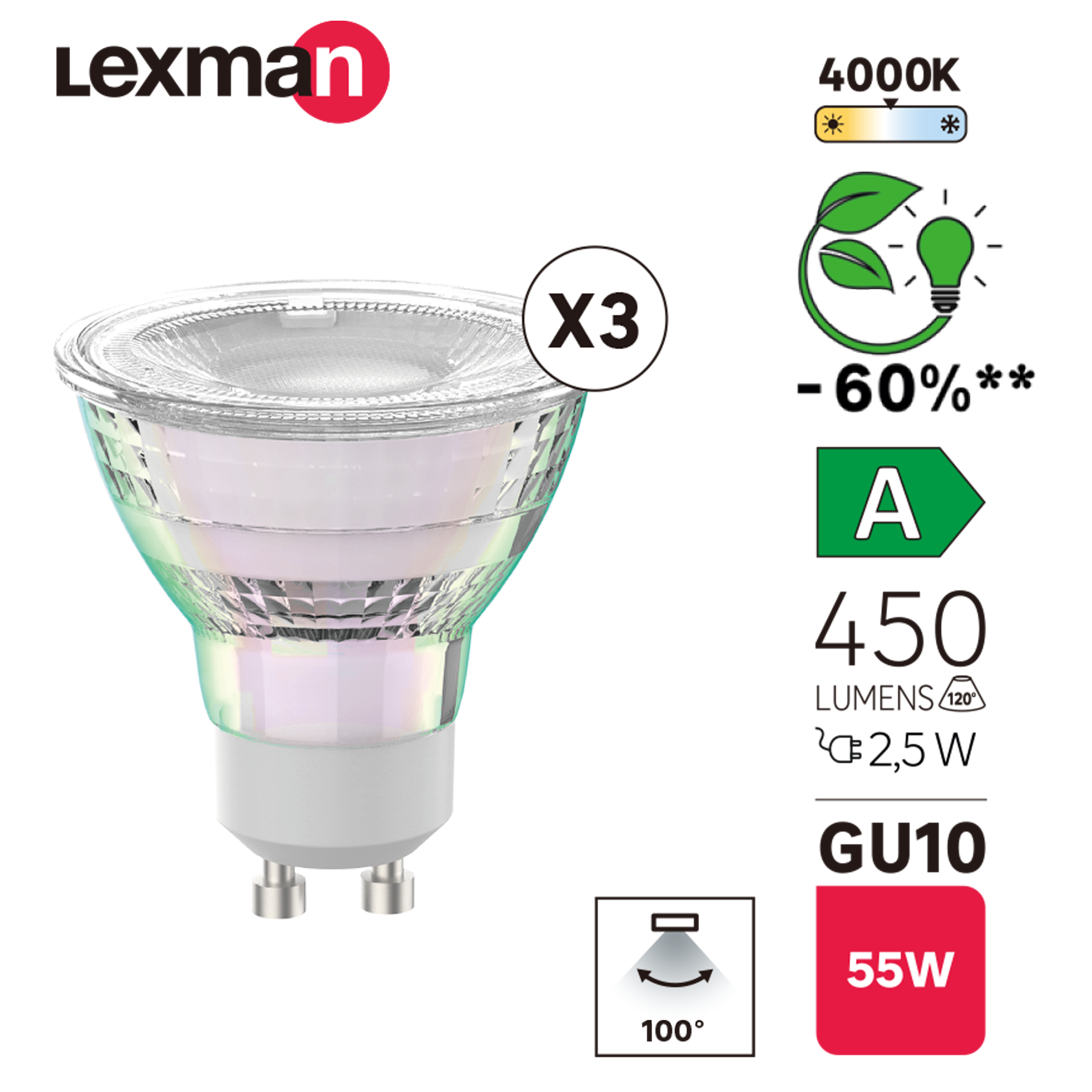 Lot de 3 ampoules led, réflecteur GU10, 450lm = 55W, blanc neutre, LEXMAN - 3