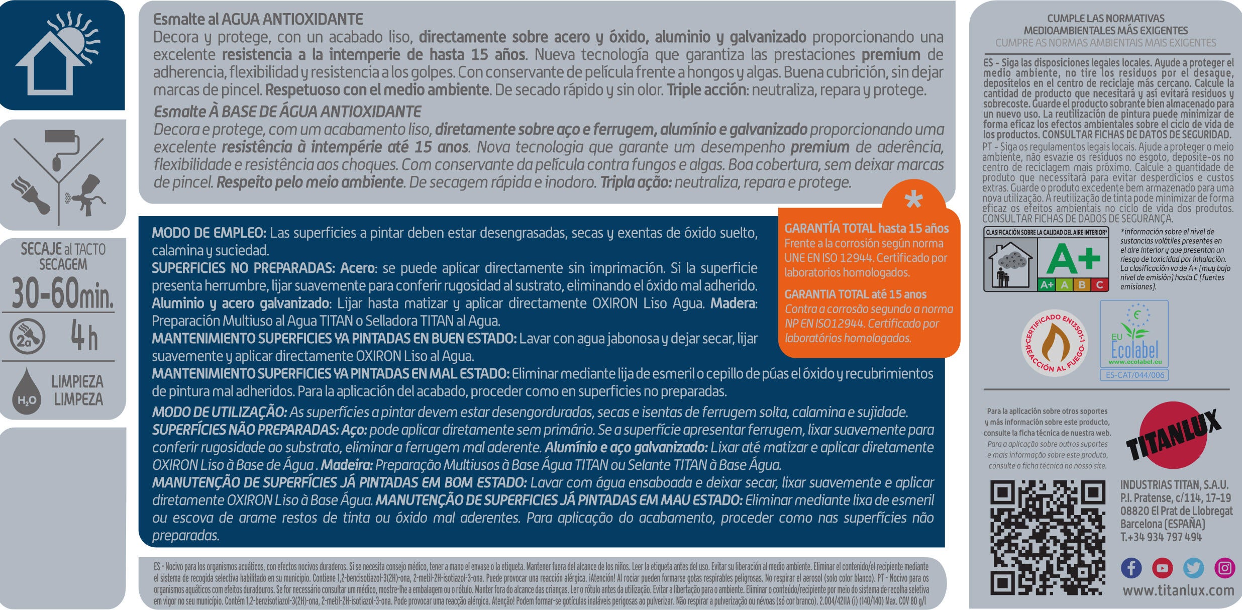 Pintura exterior color negro para aluminio, acero galvanizado, madera, pvc, acero, cobre, cinc, hierro, piedra, cancela, marco de compuerta, puerta, mobiliario de jardín, refugio, valla OXIRON satinado 2.5L base agua aplicación directa sobre el óxido - 8
