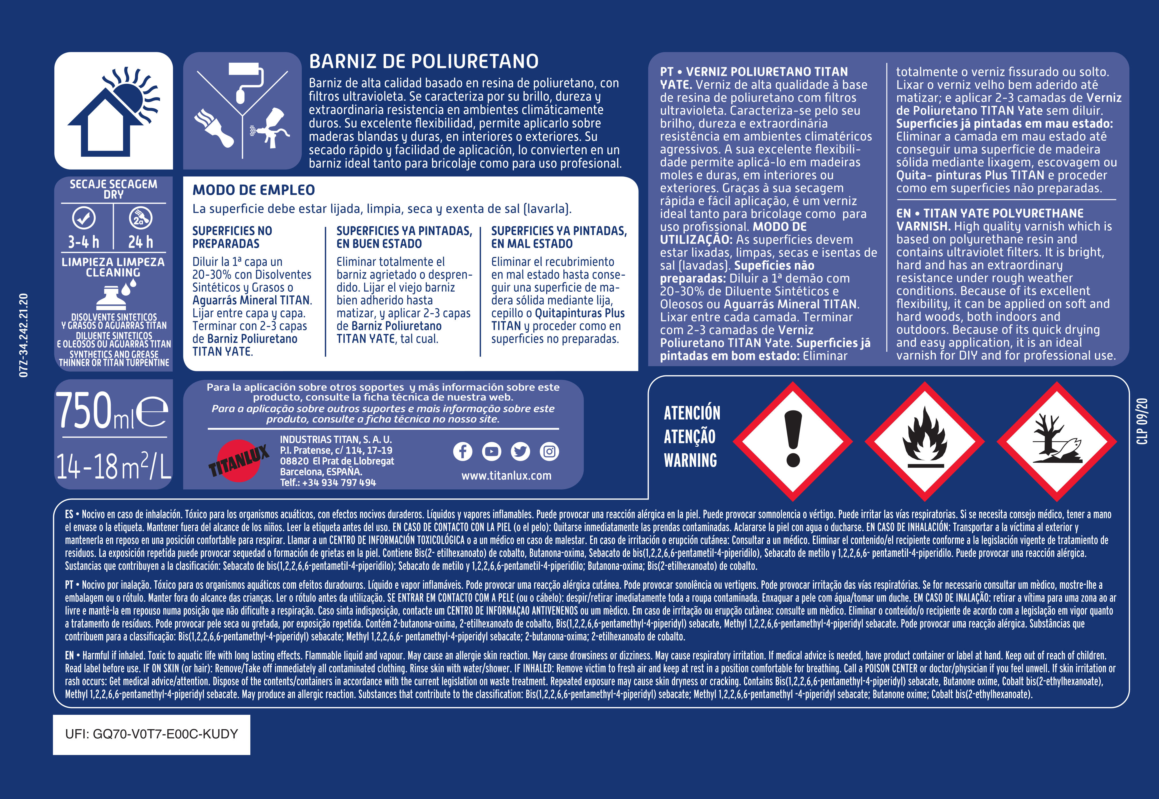 Barniz de madera de exterior color incoloro para barco TITAN brillante 750 ml disolvente - 2