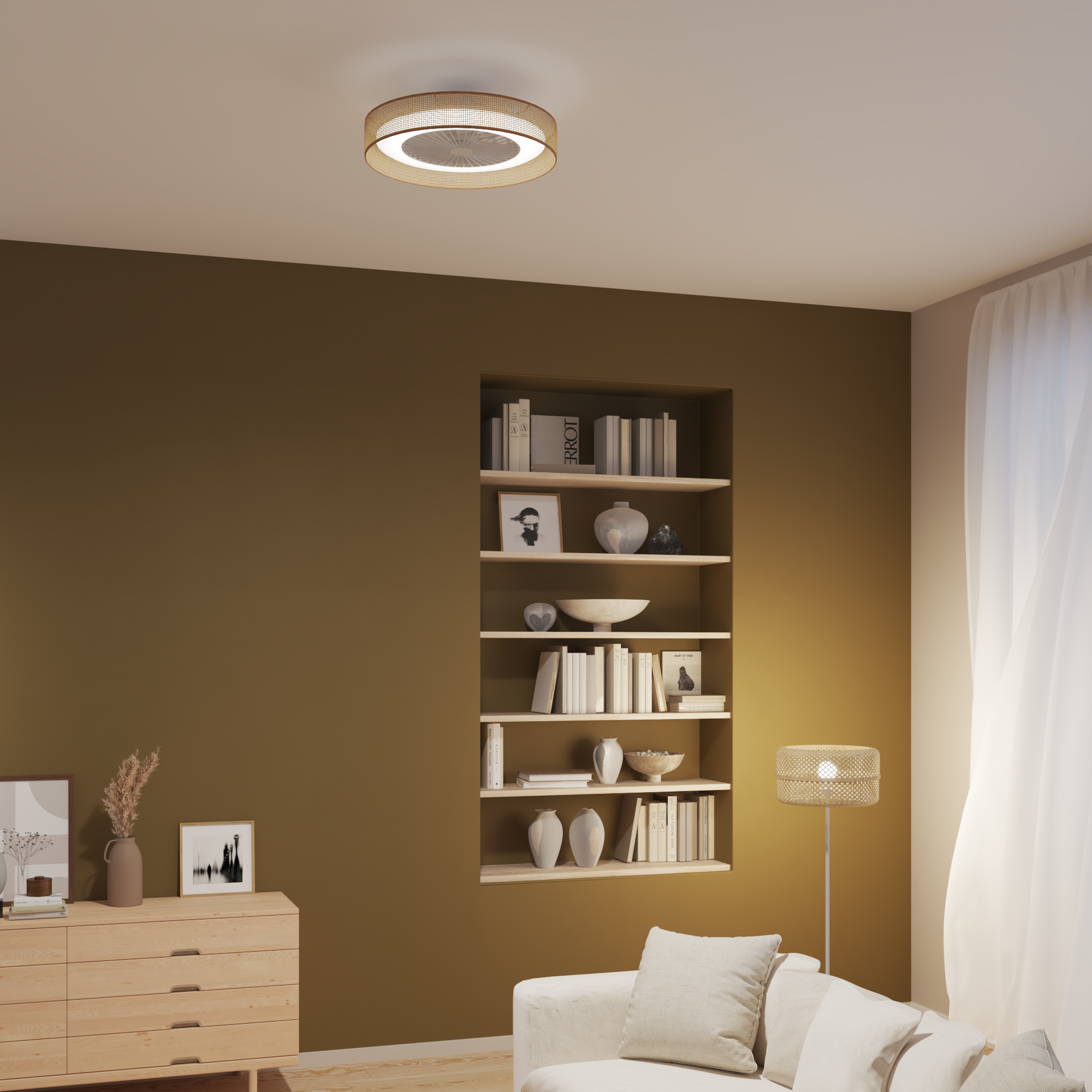 Ventoinha de teto com lâmpada silenciosa D55 555o Lm CCT DC branco Raffan Inspire
 - 13