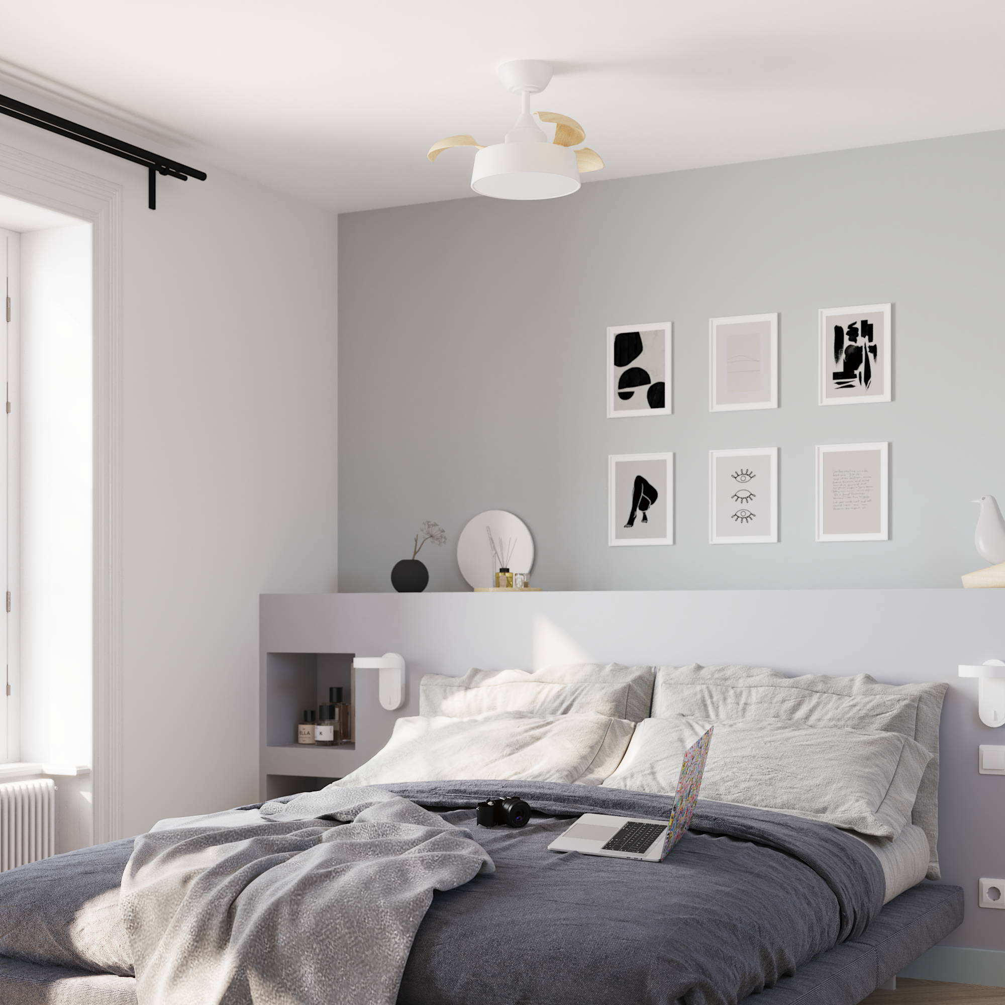 Ventilador de techo con luz silencioso DC 49W con mando ø55 cm Wizz Estilo INSPIRE blanco luz CCT 3 aspas retráctiles tipo lámpara| 6 velocidades| modo verano/invierno| temporizador| brisa| recomendado para <13m² - 18