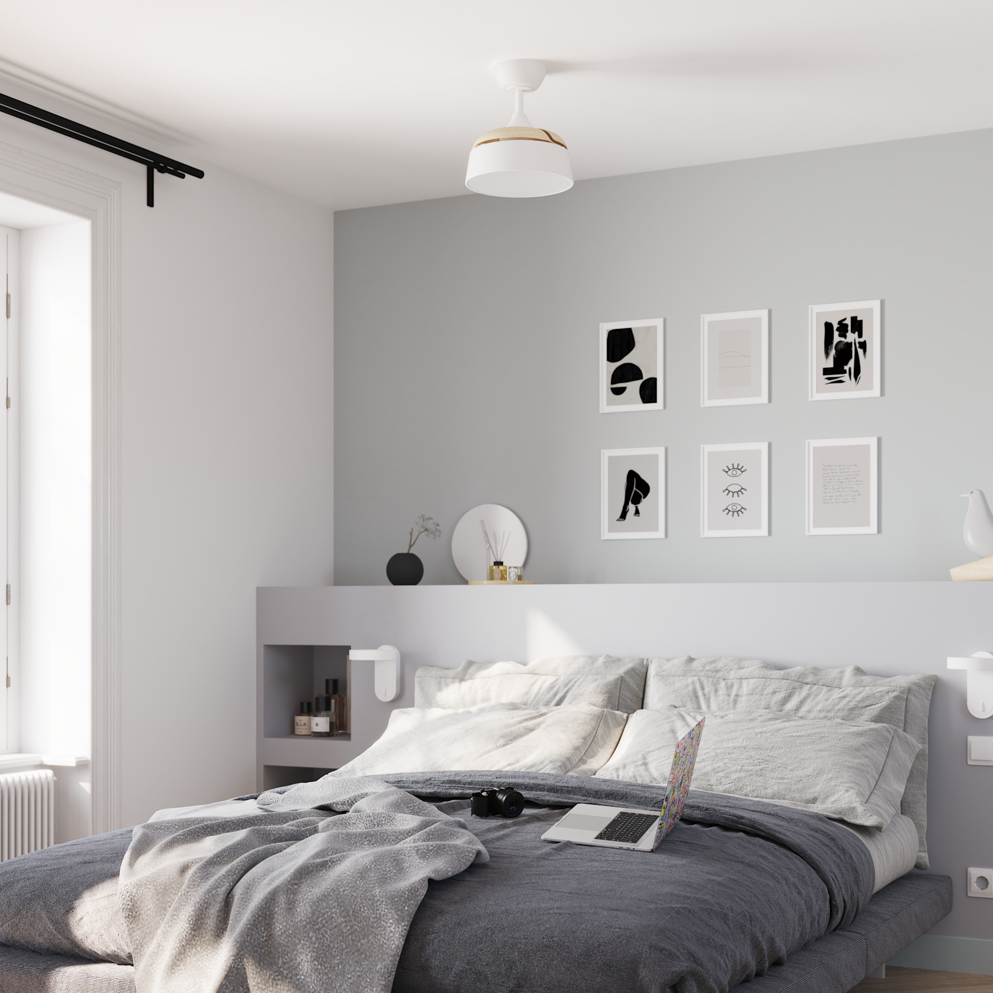 Ventilador de techo con luz silencioso DC 49W con mando ø55 cm Wizz Estilo INSPIRE blanco luz CCT 3 aspas retráctiles tipo lámpara| 6 velocidades| modo verano/invierno| temporizador| brisa| recomendado para <13m² - 17