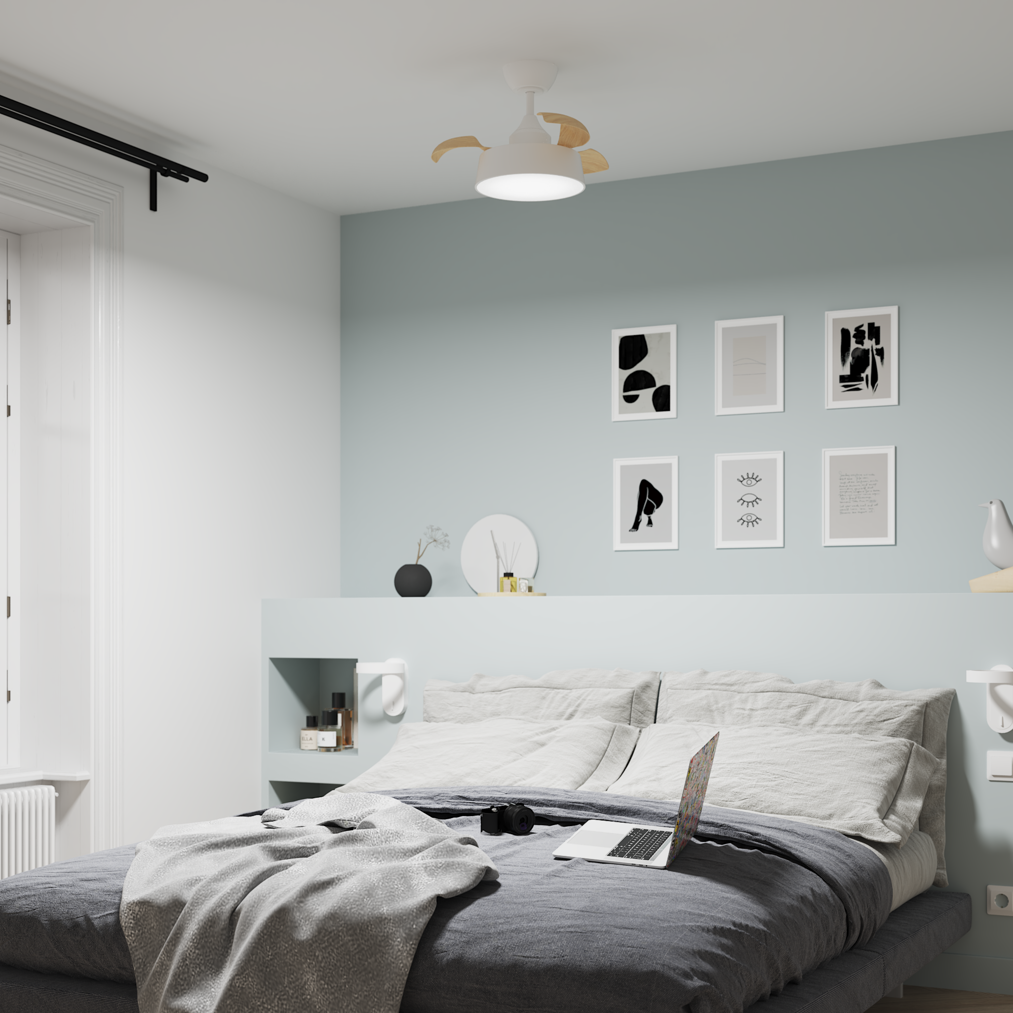 Ventilador de techo con luz silencioso DC 49W con mando ø55 cm Wizz Estilo INSPIRE blanco luz CCT 3 aspas retráctiles tipo lámpara| 6 velocidades| modo verano/invierno| temporizador| brisa| recomendado para <13m² - 16