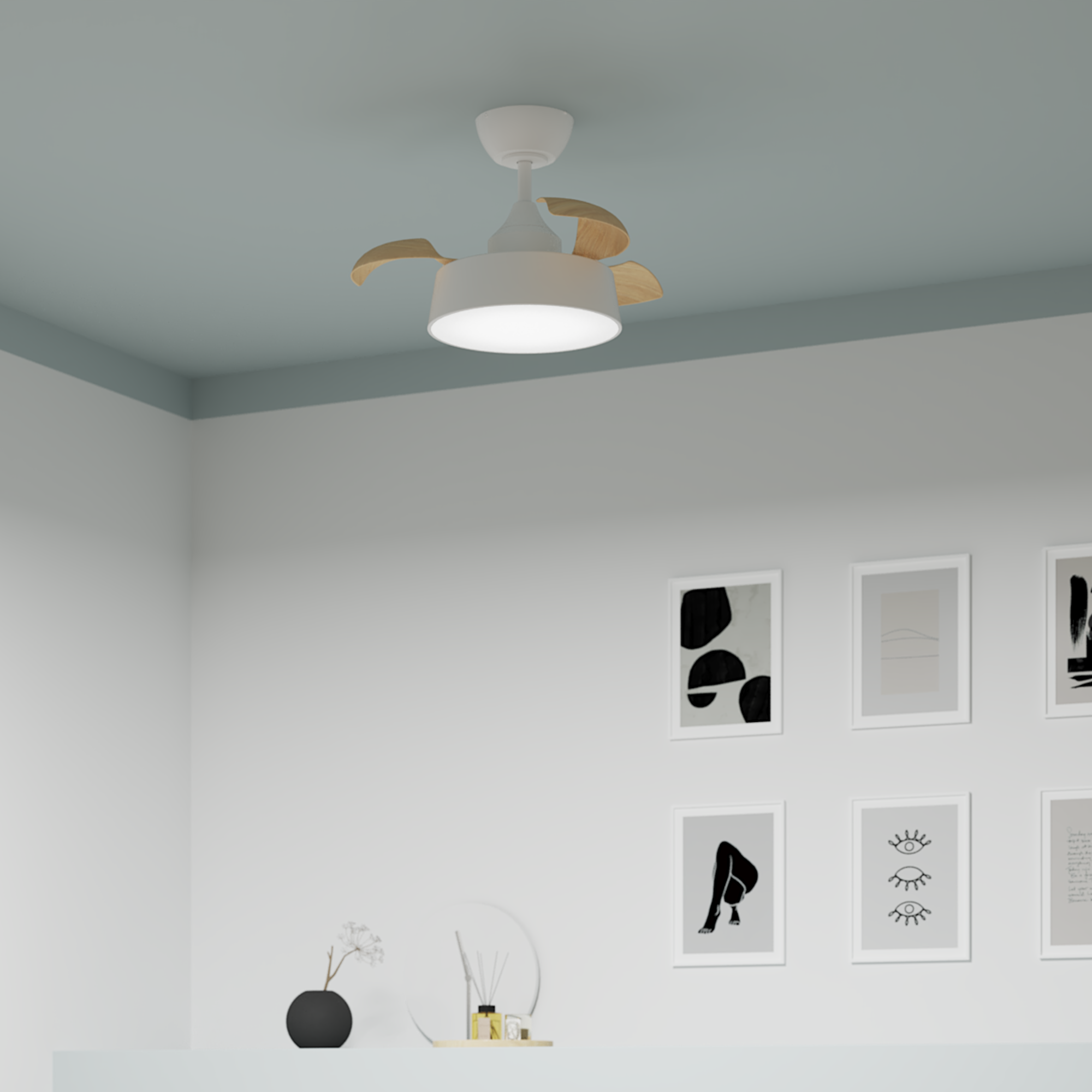 Ventilador de techo con luz silencioso DC 49W con mando ø55 cm Wizz Estilo INSPIRE blanco luz CCT 3 aspas retráctiles tipo lámpara| 6 velocidades| modo verano/invierno| temporizador| brisa| recomendado para <13m² - 15