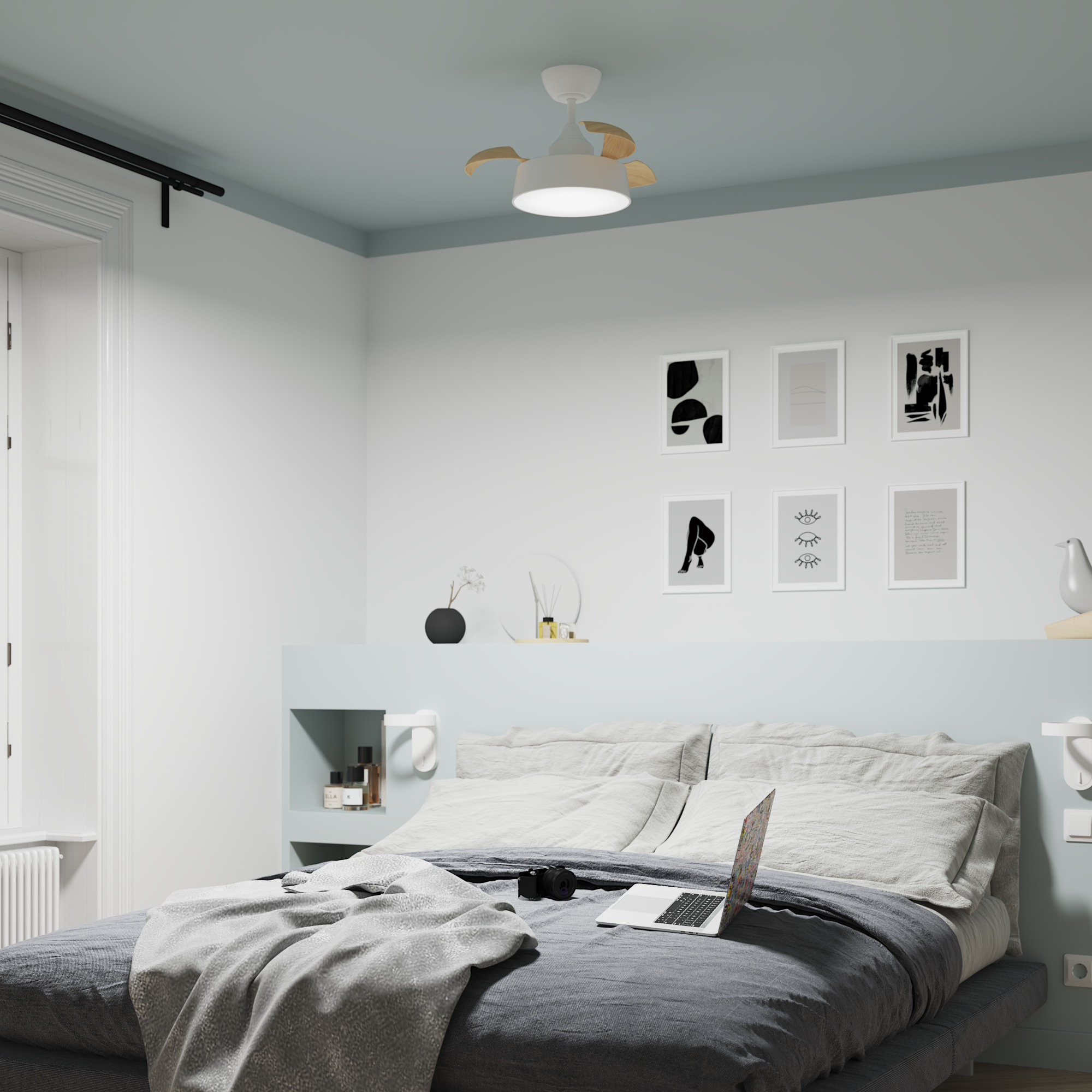 Ventilador de techo con luz silencioso DC 49W con mando ø55 cm Wizz Estilo INSPIRE blanco luz CCT 3 aspas retráctiles tipo lámpara| 6 velocidades| modo verano/invierno| temporizador| brisa| recomendado para <13m² - 14