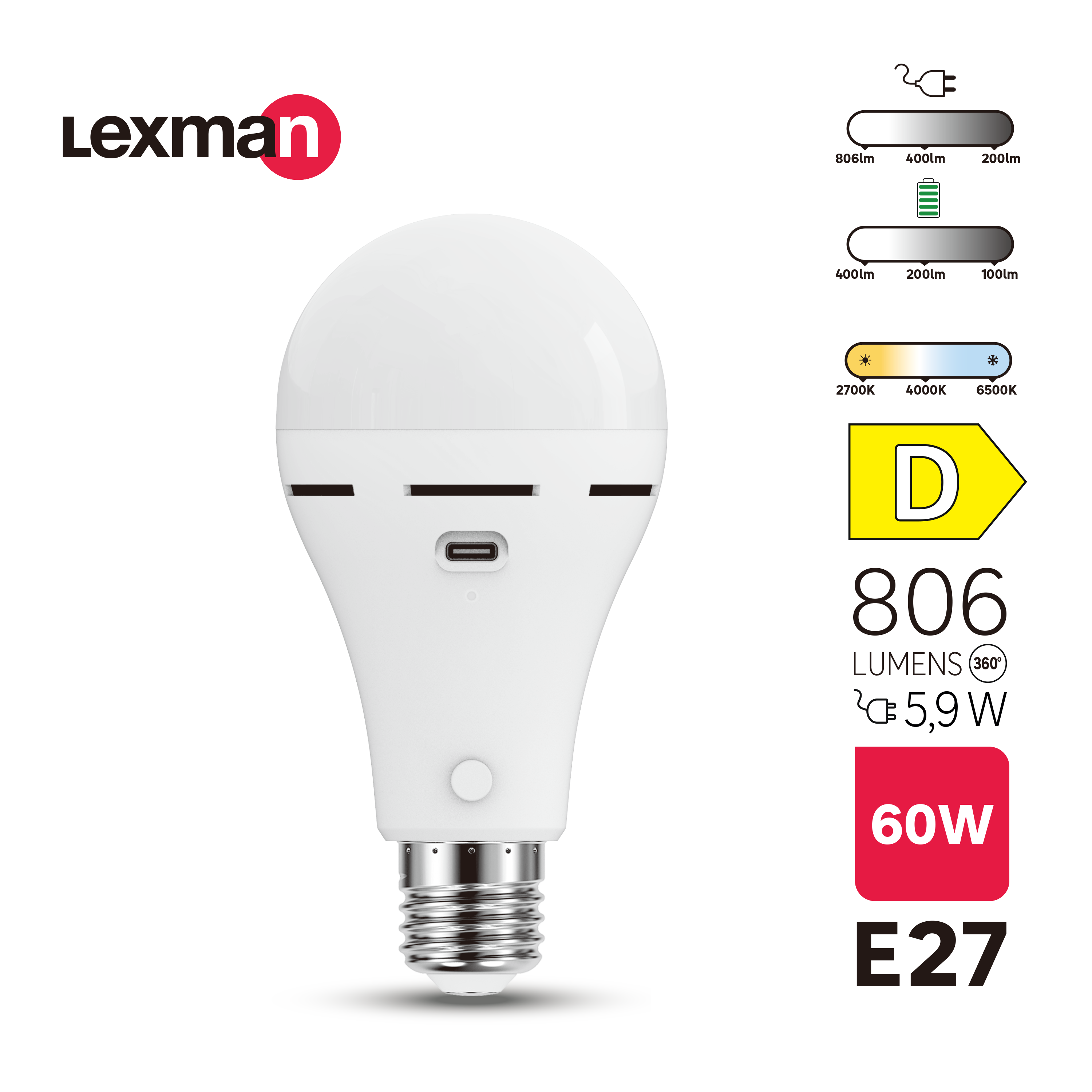 Ampoule led rechargeable USB E27, 806lm = 60W, variation de blancs, LEXMAN - 3