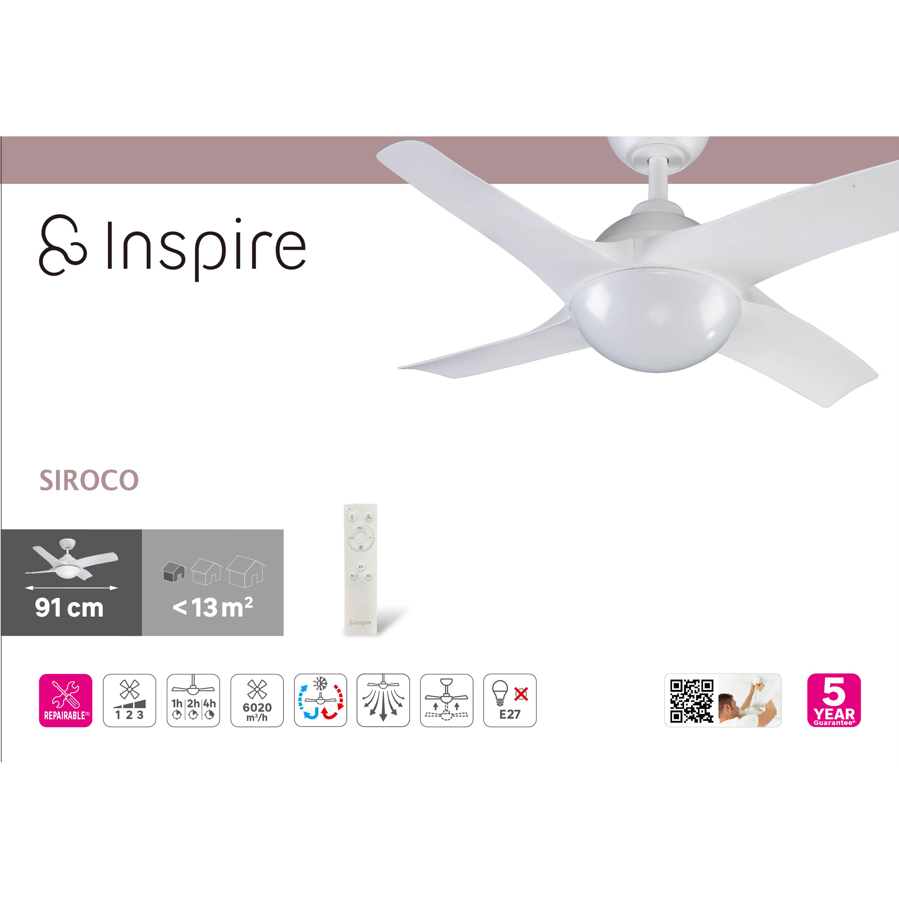 Ventilador de techo con luz E27 AC con mando INSPIRE Siroco blanco ø91 cm - 9