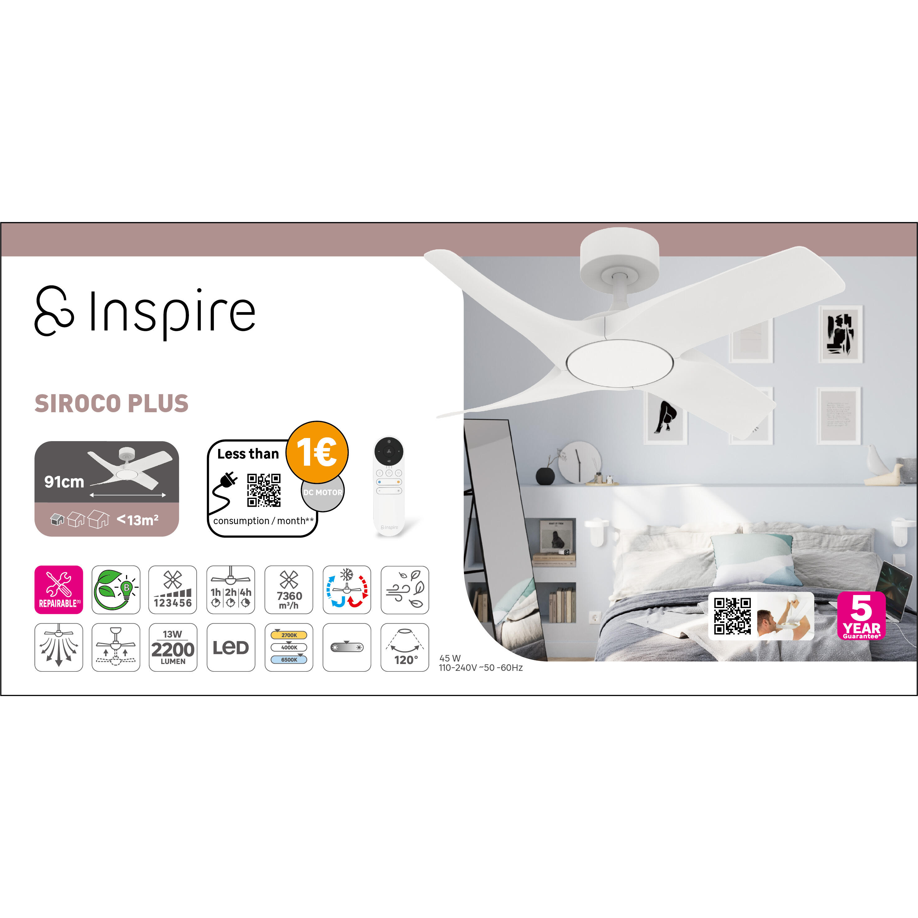 Ventoinha Siroco Plus 91cm DC dimável/cct 2200lm branco Inspire - 10
