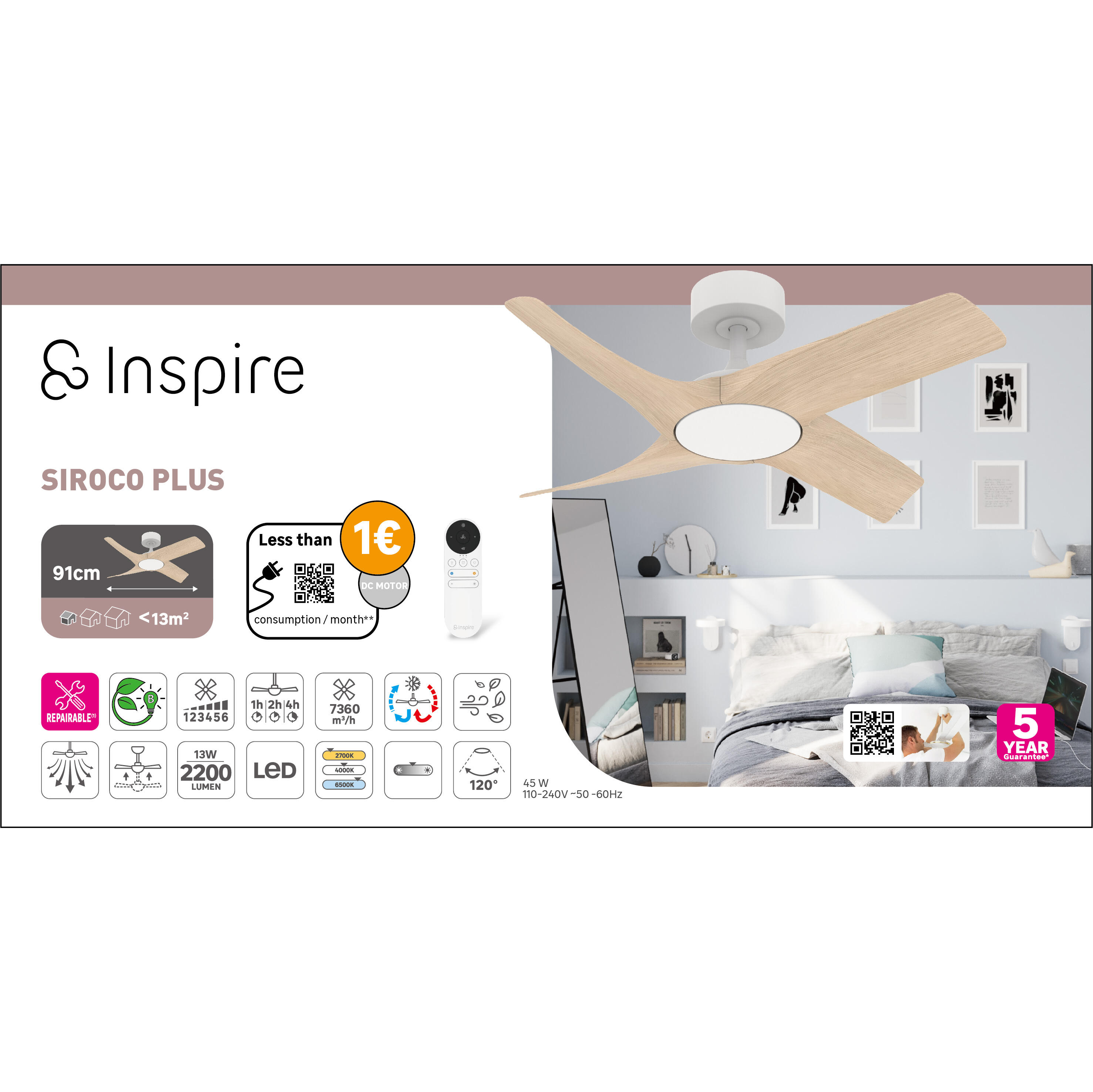 Ventilador de techo con luz silencioso DC 32W con mando ø91 cm Siroco Plus INSPIRE beige luz CCT 4 aspas| 6 velocidades| modo verano/invierno| brisa| temporizador| recomendado para <13m² - 13