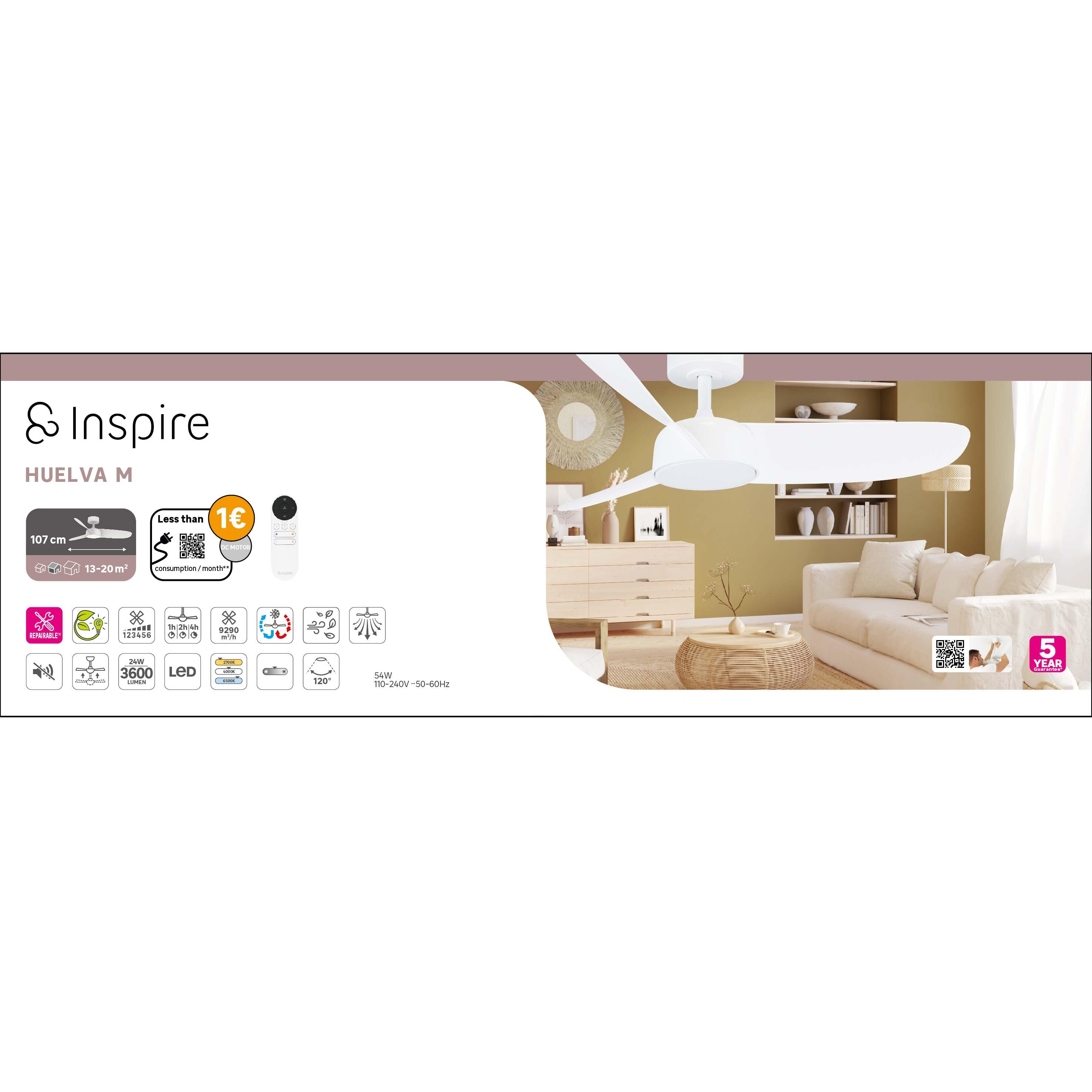 Ventoinha Huelva 107cm DC dimável/cct 3600lm branco Inspire - 10