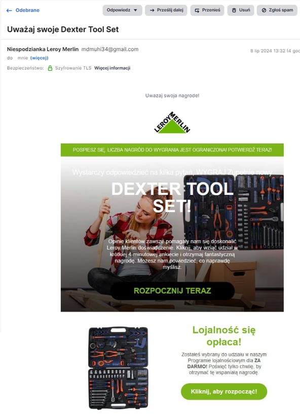 zrzut ekranu przedstawiający przykład wiadomości e-mail zawierającej fałszywą ankietę
