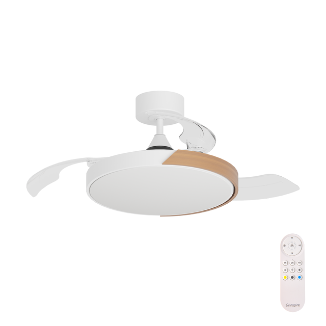 Ventilador de techo con luz silencioso DC 38W con mando ø112 cm Furtuna INSPIRE blanco y beige luz CCT 3 aspas retráctiles tipo lámpara| 6 velocidades| modo verano/invierno| temporizador| brisa| recomendado de 13 a 20m²