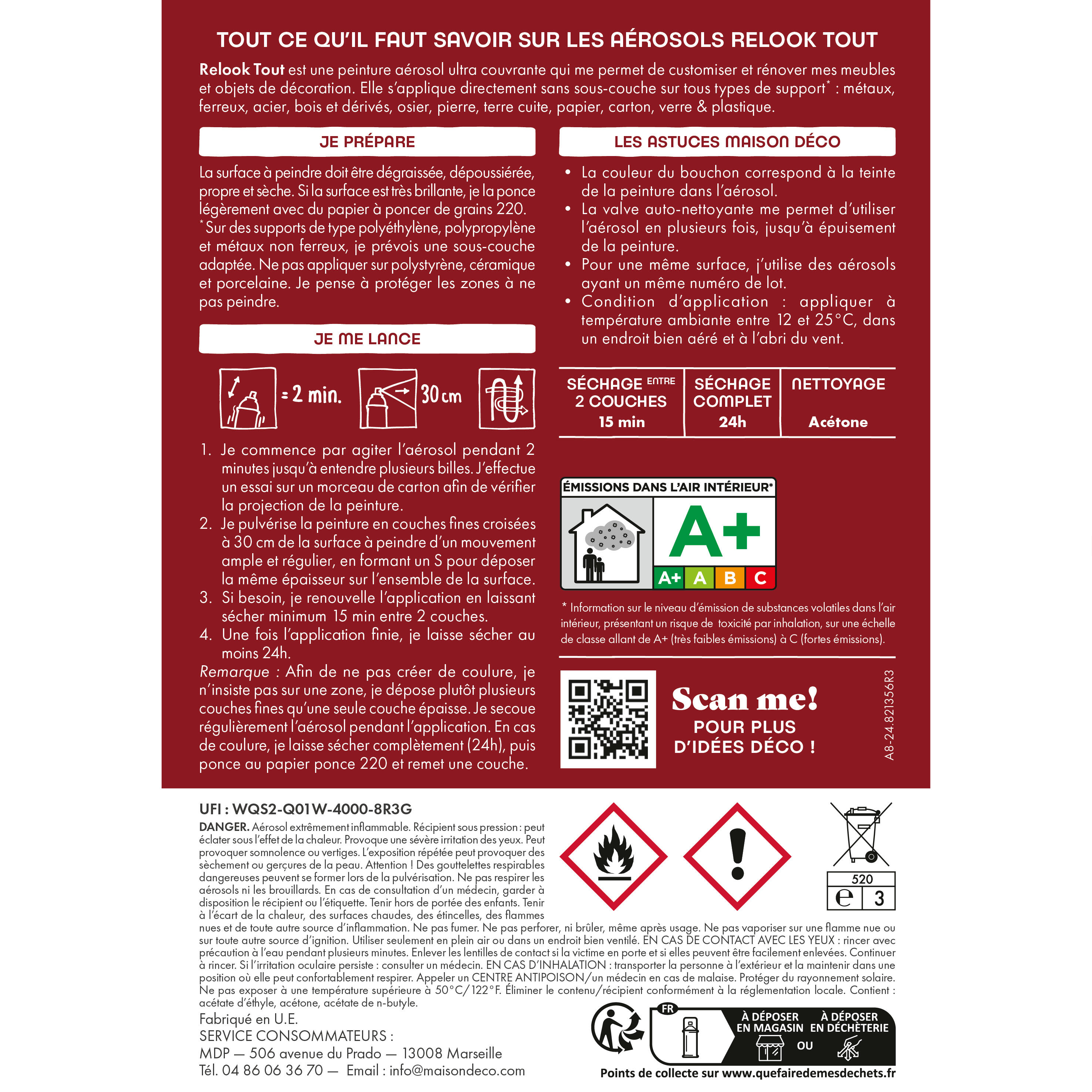 Bombe de peinture Relook tout MAISON DECO rouge passion satiné 400 ml - 9