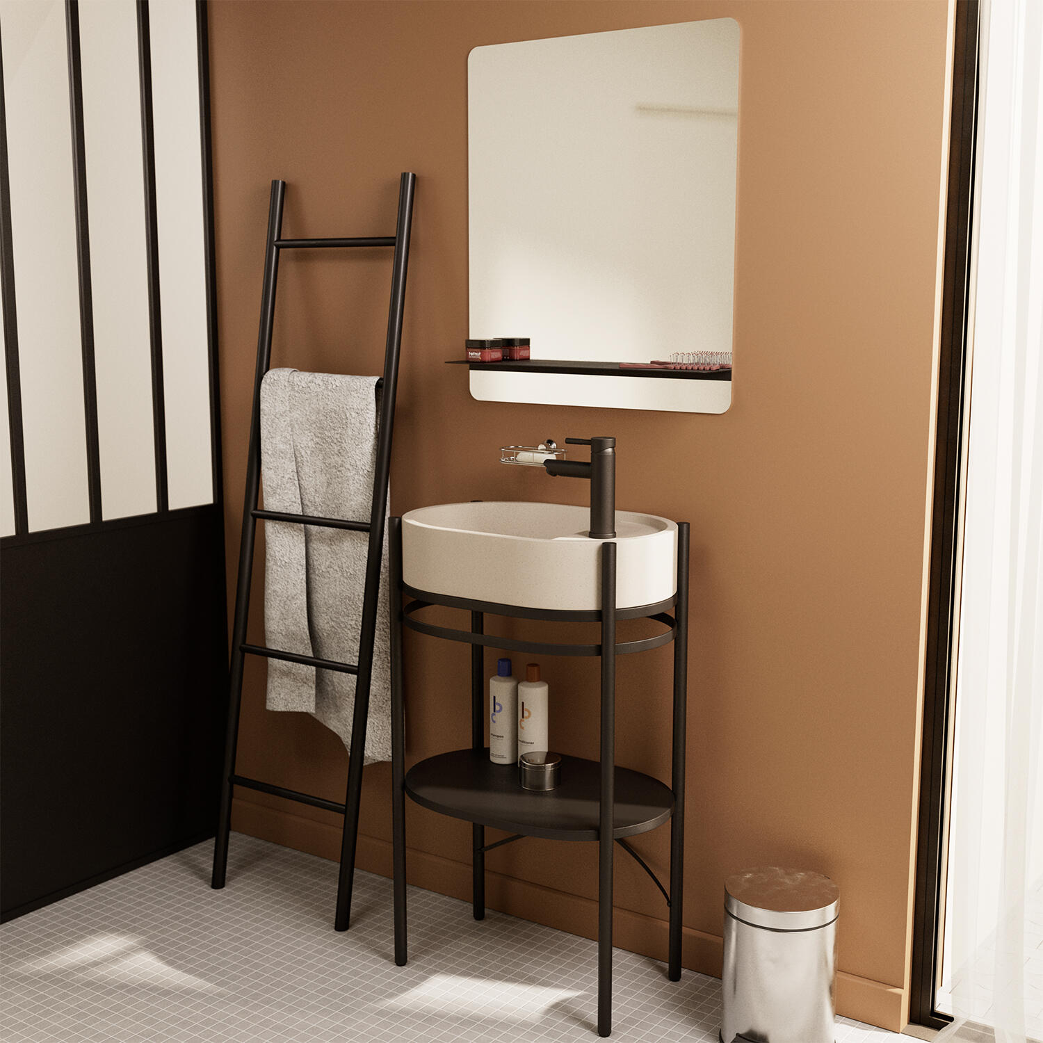 Mobile da bagno a terra sotto lavabo L 55 x H 89.5 x P 37.5 cm nero verniciato, HOMESIGHT ALBA - 2