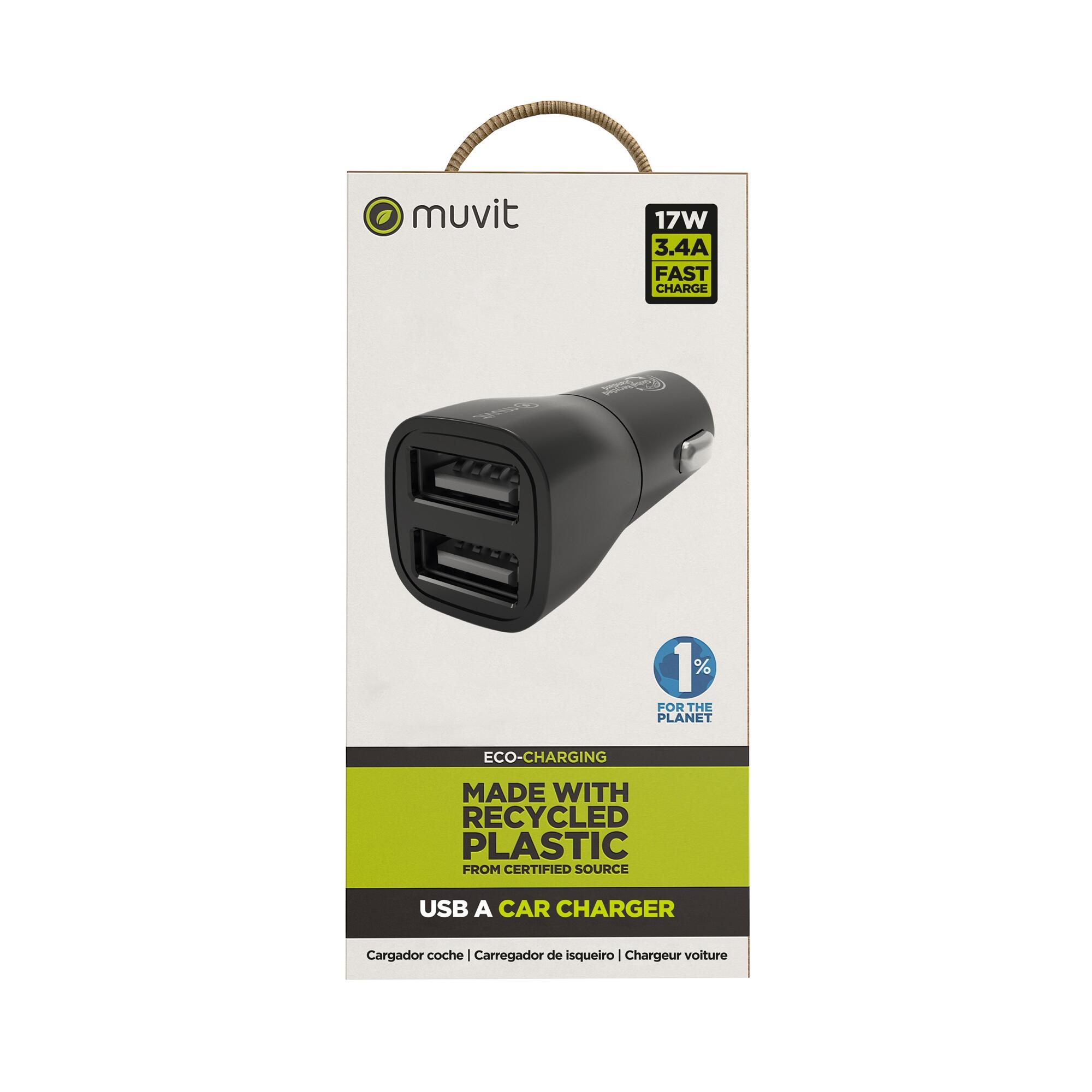 Cargador coche muvit 2 usb 3,4a/18w negro