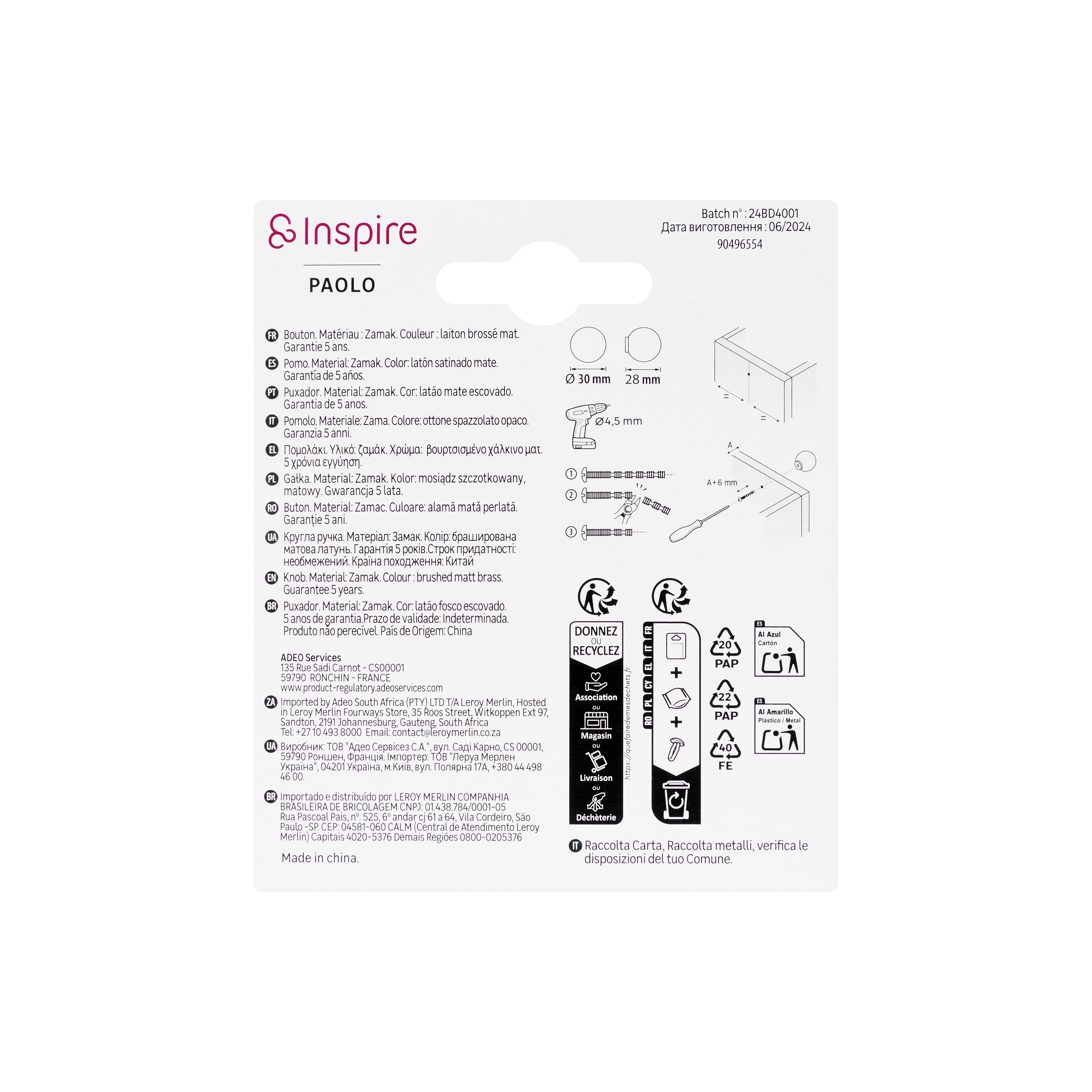 2 Puxadores para móvel redondos zamak escovado latão 30 mm Inspire Paolo - 6