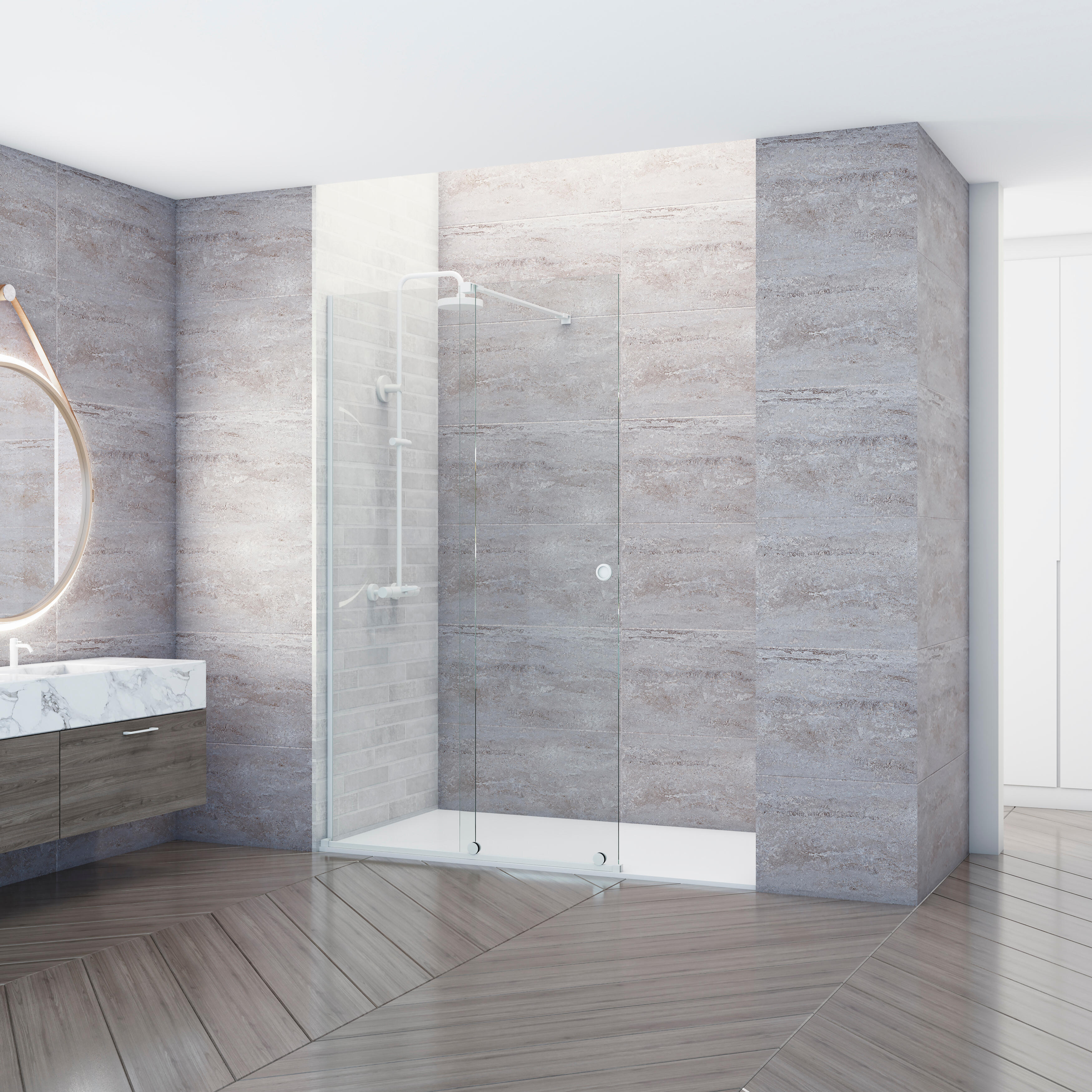 Mampara de ducha frontal corredera transparente amea perfil blanco (141-150)x200 cm