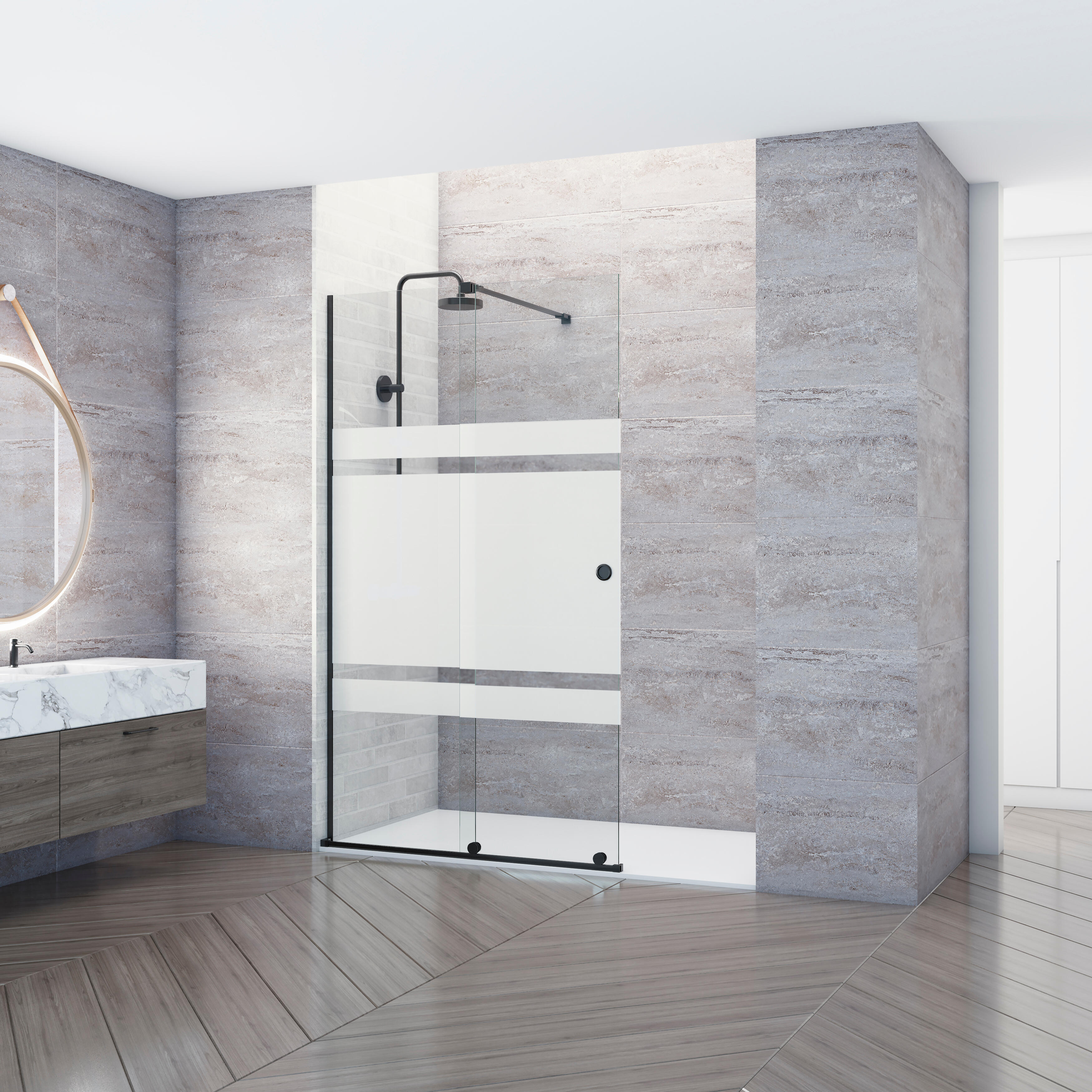 Mampara de ducha frontal corredera serigrafiada amea perfil negro (131-140)x200 cm