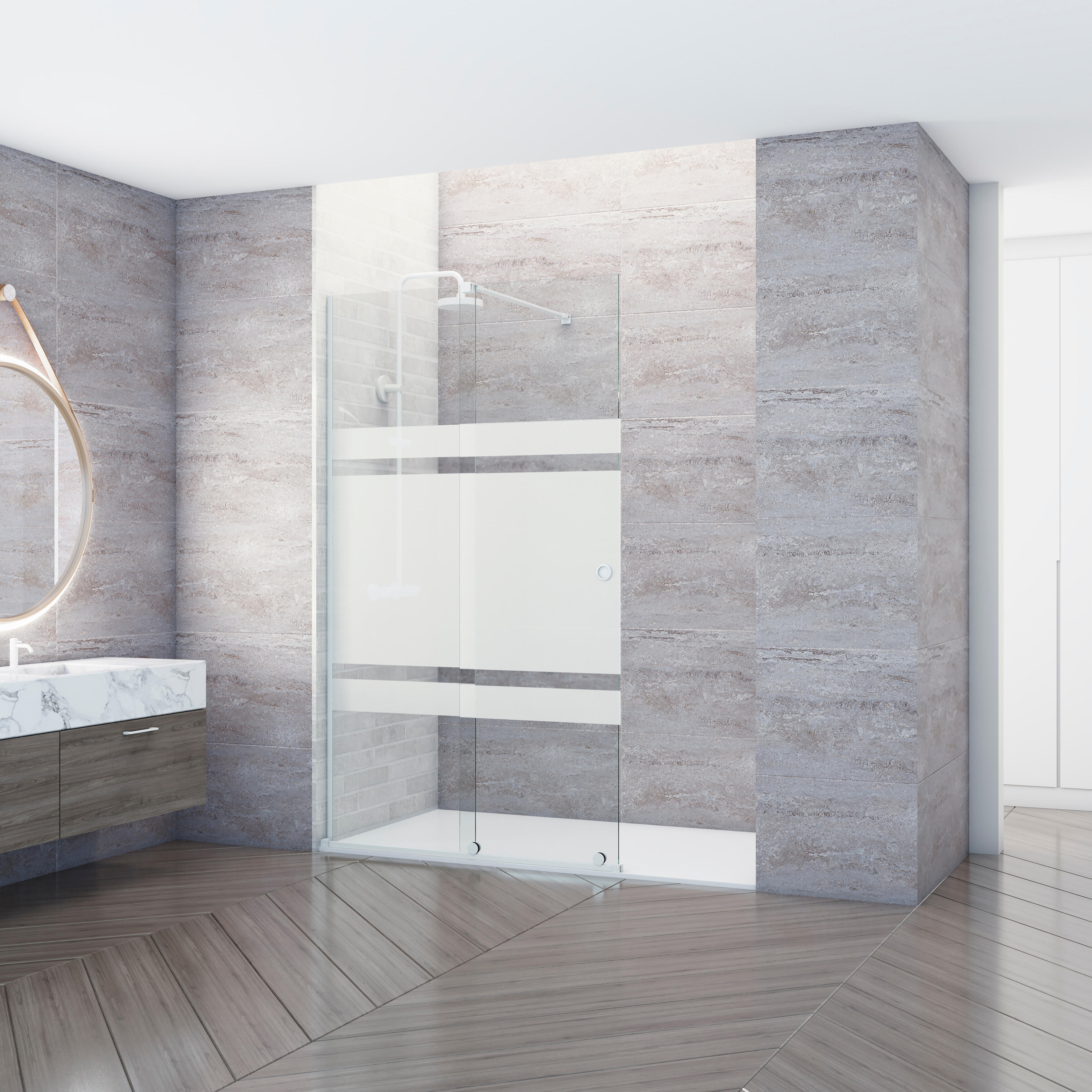 Mampara de ducha frontal corredera serigrafiada amea perfil blanco (131-140)x200 cm