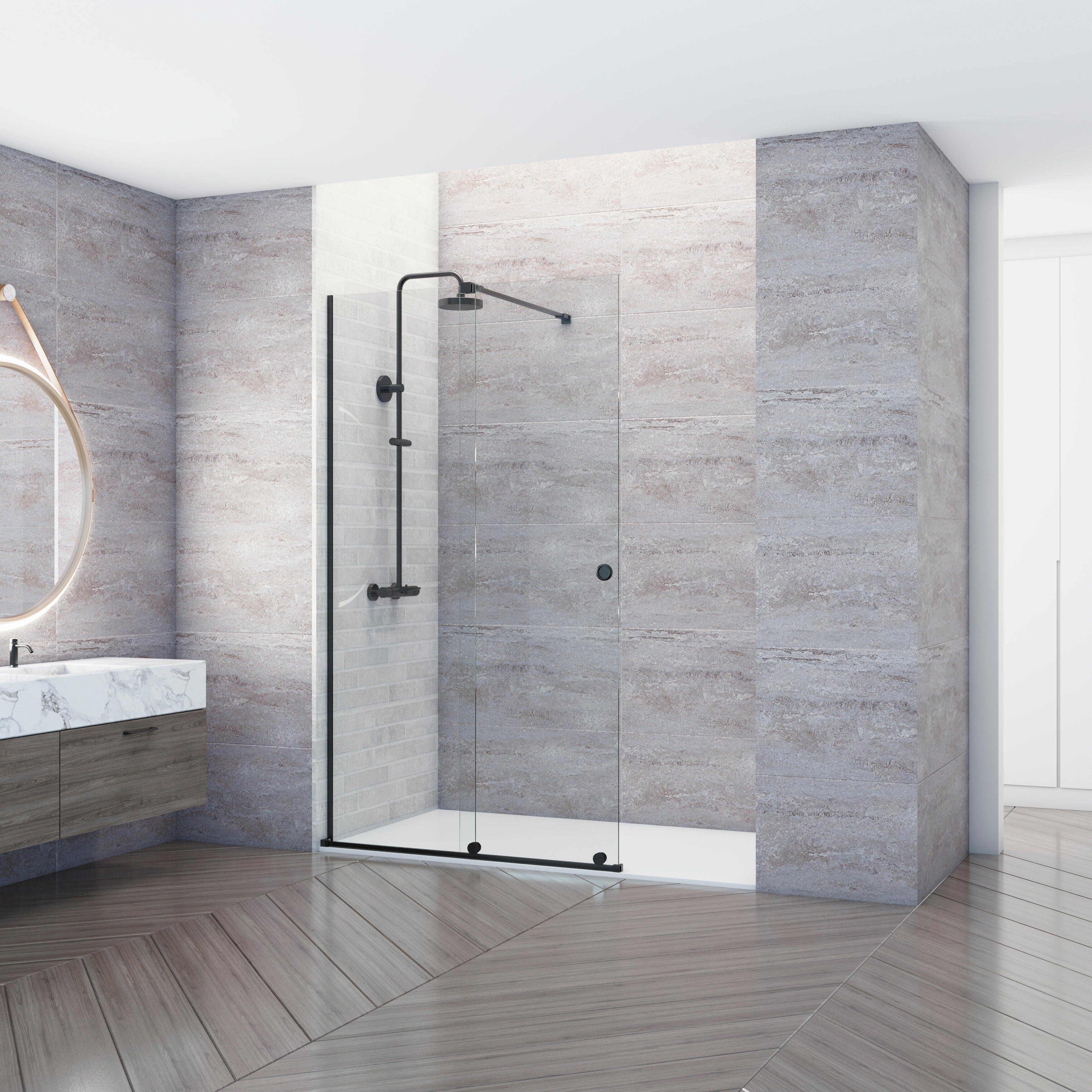 Mampara de ducha frontal corredera transparente amea perfil negro (161-170)x200 cm