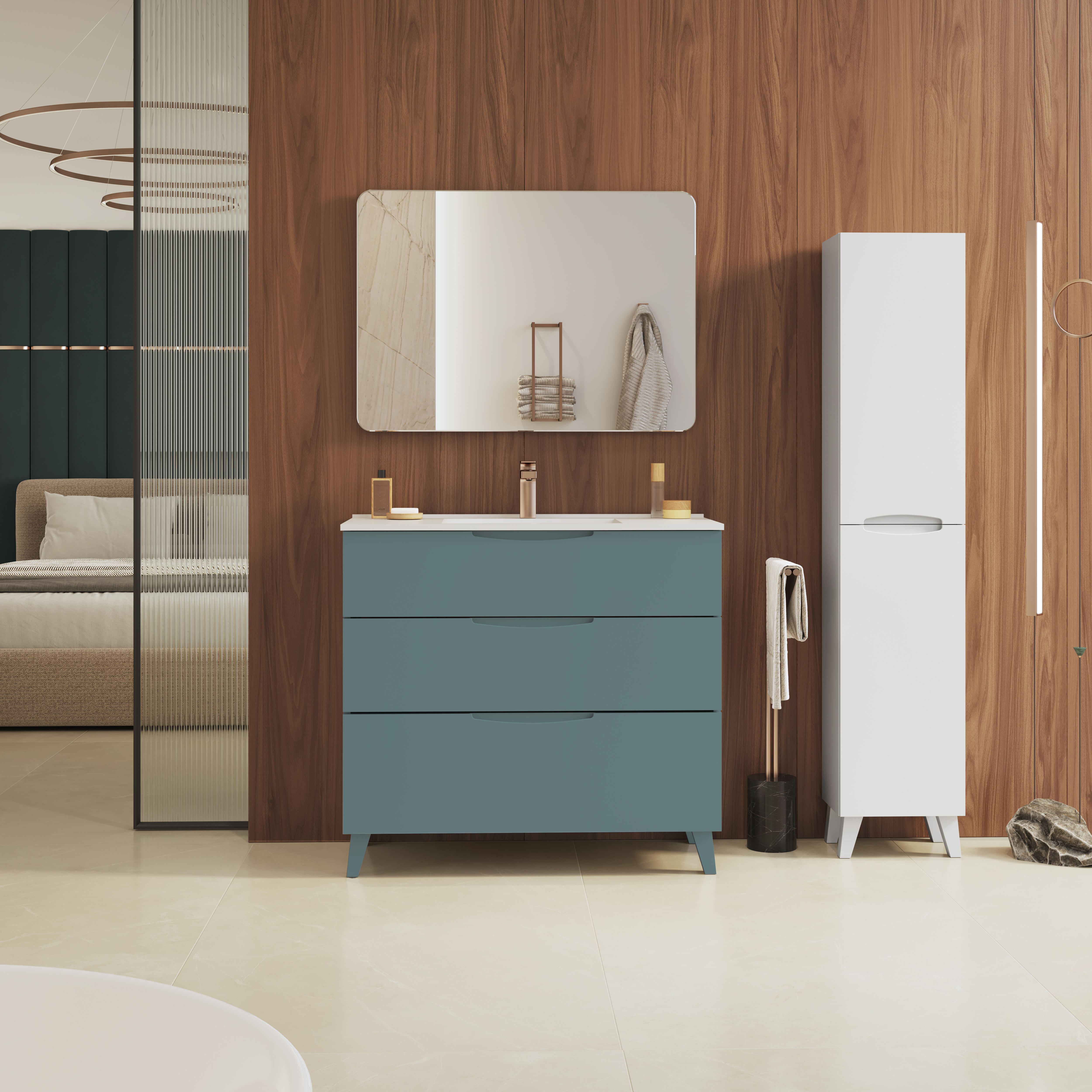 Mueble de baño con lavabo asimetrico azul 80x45 cm
