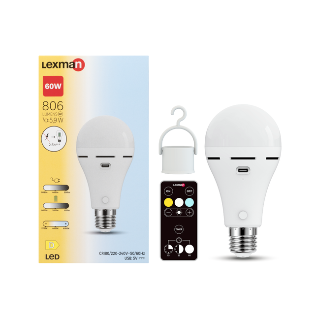 Bombilla recargable LED E27 forma estándar 806 lúmenes 5.9W color de la luz blanco CCT 2700K-6500K CRI 89-80 luz natural y fiel  clase energética D