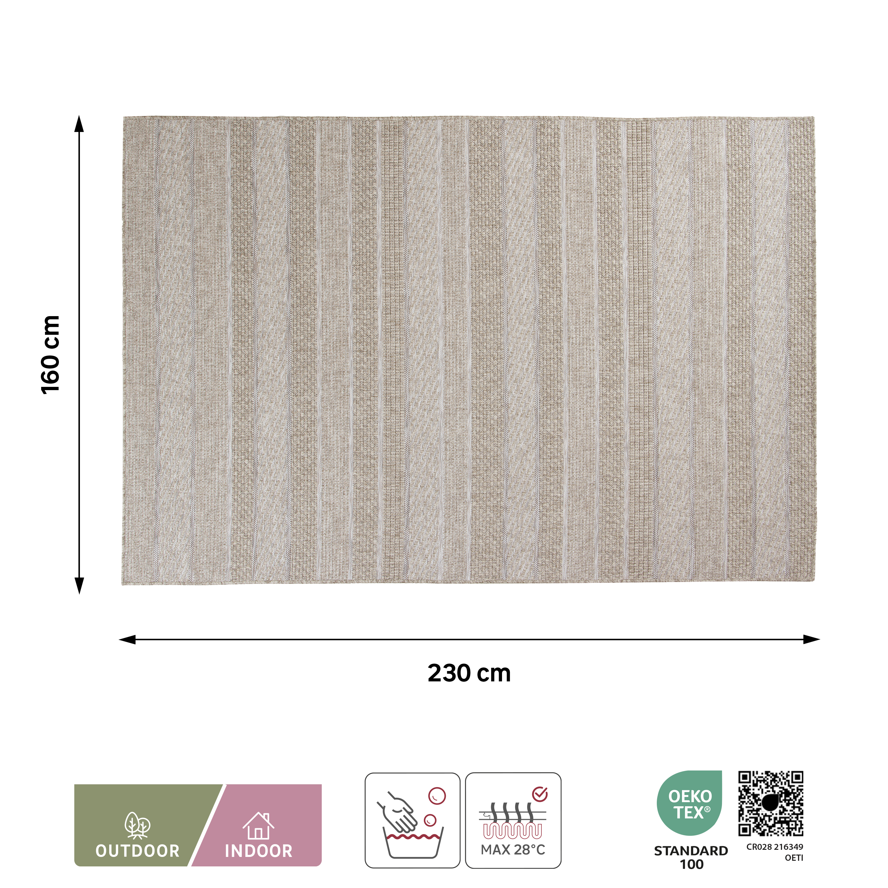 Alfombra polipropileno Semba exterior/interior 160x230cm tejido plano INSPIRE rayas beige natural lavable en lavadora - 3
