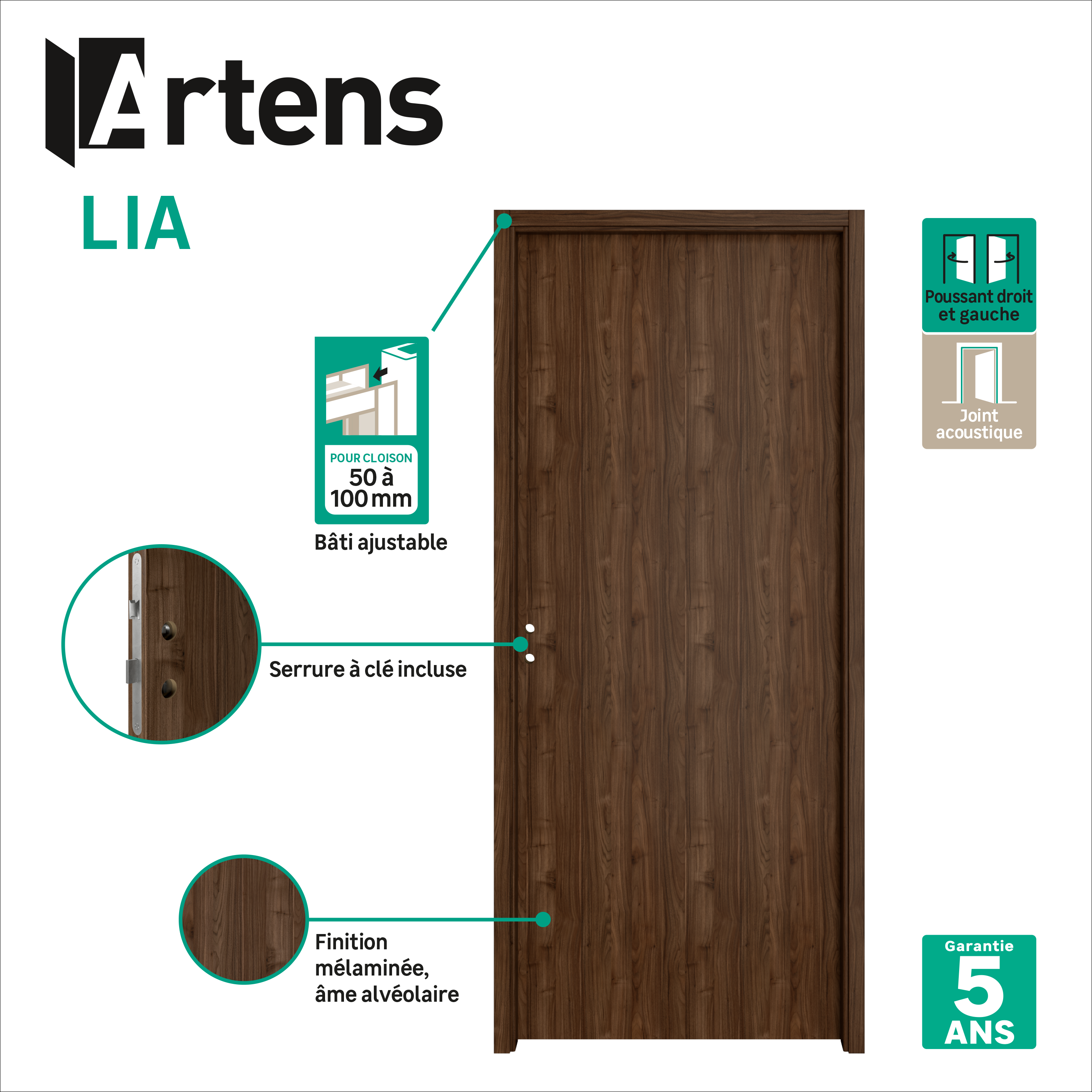 Bloc-porte fin de chantier Lia noyer, H.204 x l.73 cm, réversible - 2