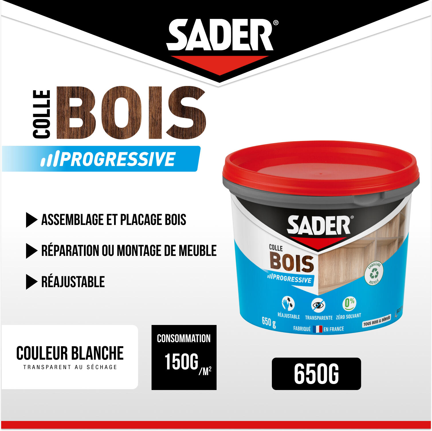 Colle d'assemblage Prise progressive SADER, 650 g transparent - 2