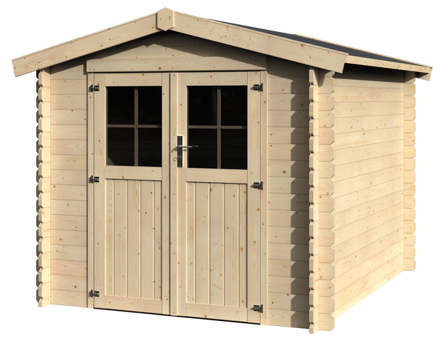 Casetta da giardino in legno naturale 2.5 x 2.5 m, superficie esterna 5.43 m² e spessore parete 28 mm, senza pavimento porta a due ante, NATERIAL Tatra