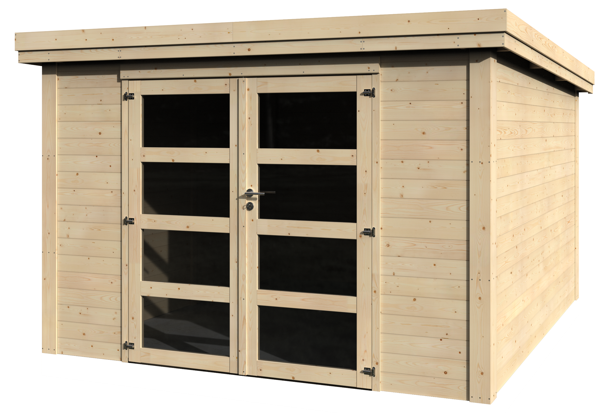 caseta de madera sagoro de 3306x2126x3348 cm y 946 m2 con 28 mm espesor y doble puerta abatible naterial