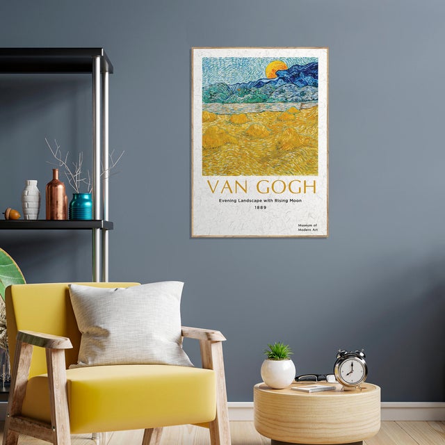 Cuadro pintura impresa enmarcada Naturaleza rectangular de 50 x 70 cm. MDF Van Gogh Campo multicolor. Marco color Haya