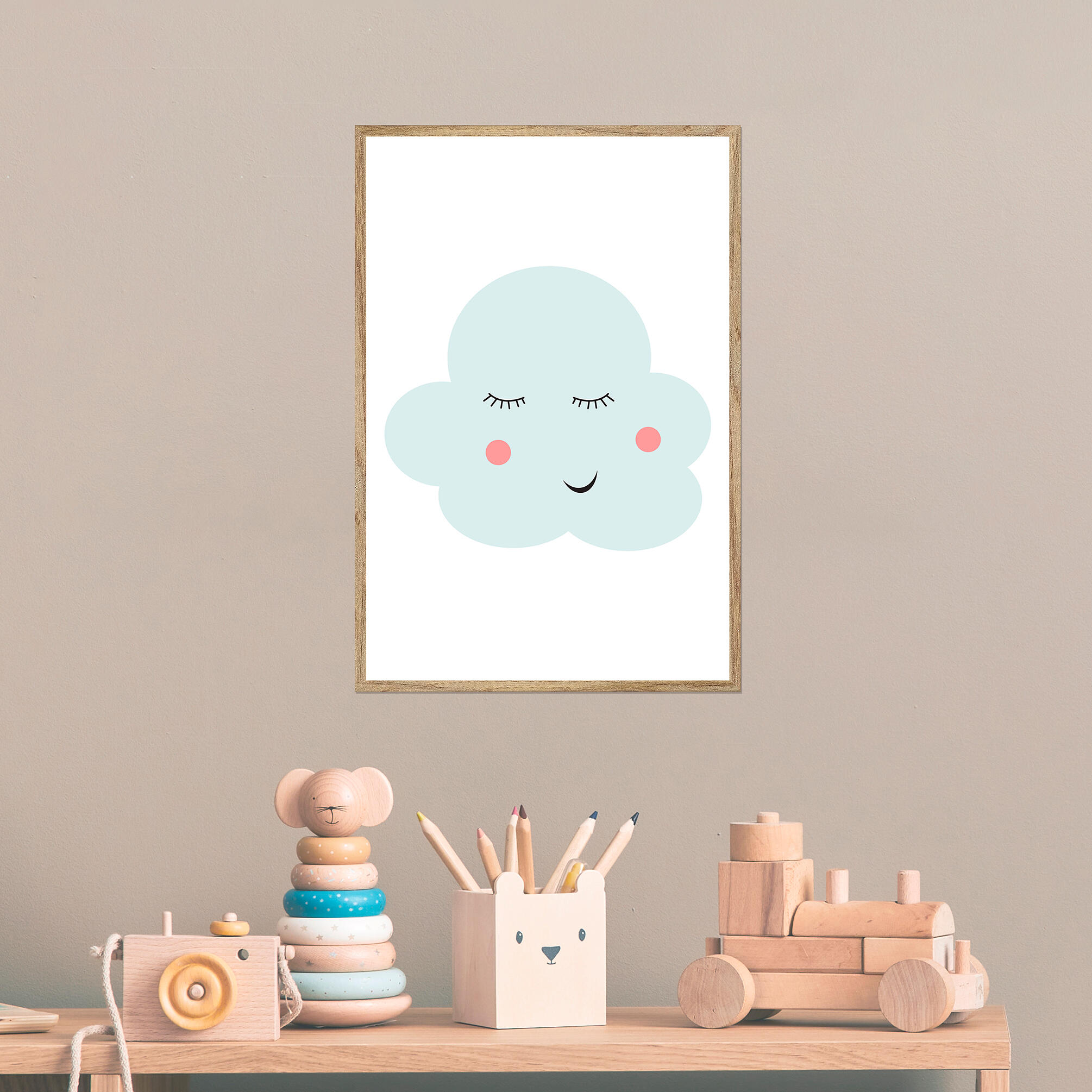 Cuadro pintura impresa enmarcada Infantil rectangular de 21 x 31 cm. MDF G Nube azul. Marco color Blanco - 6