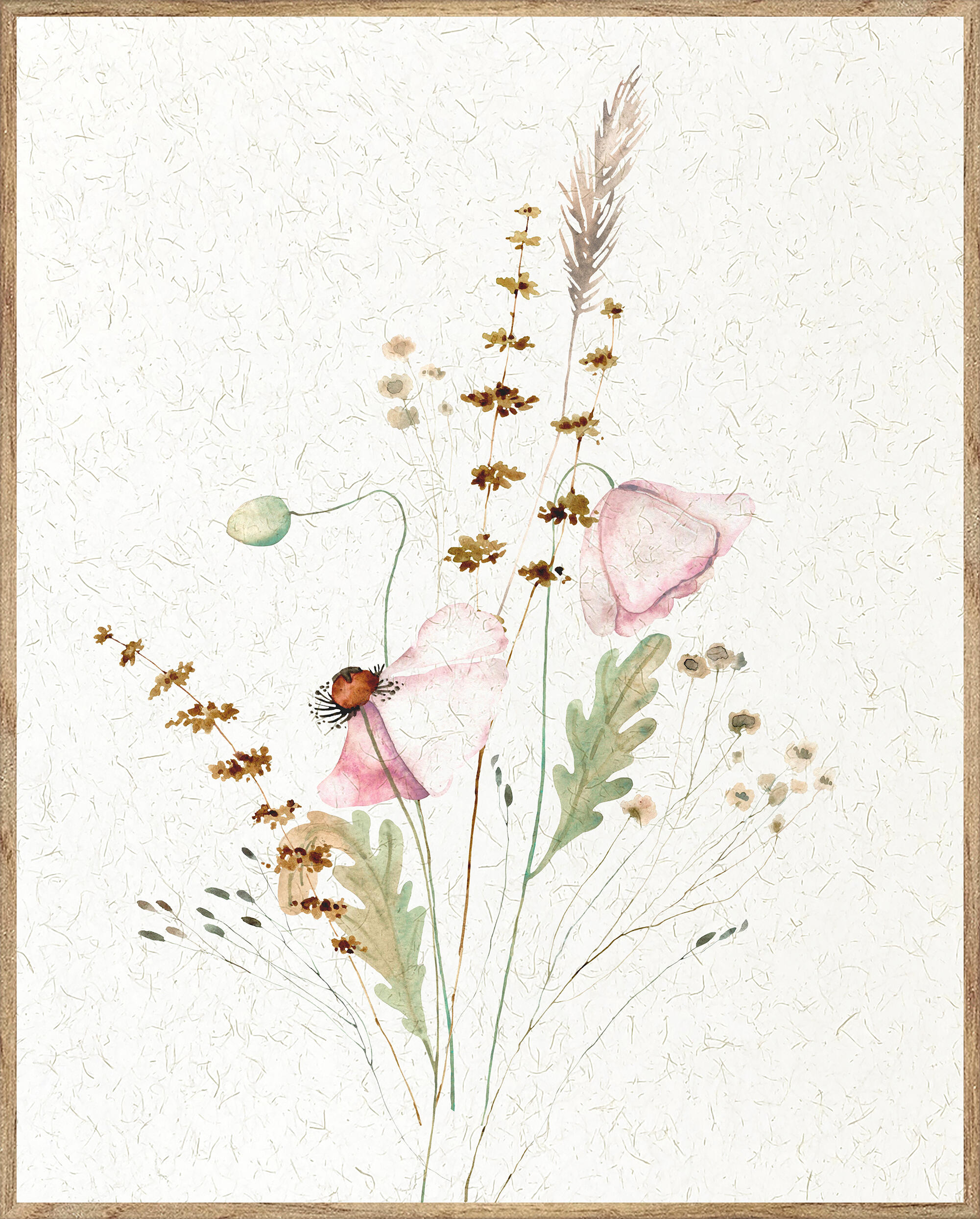 Cuadro pintura impresa enmarcada Botánica rectangular de 40 x 50 cm. MDF Amapola rosa multicolor. Marco color Haya - 2