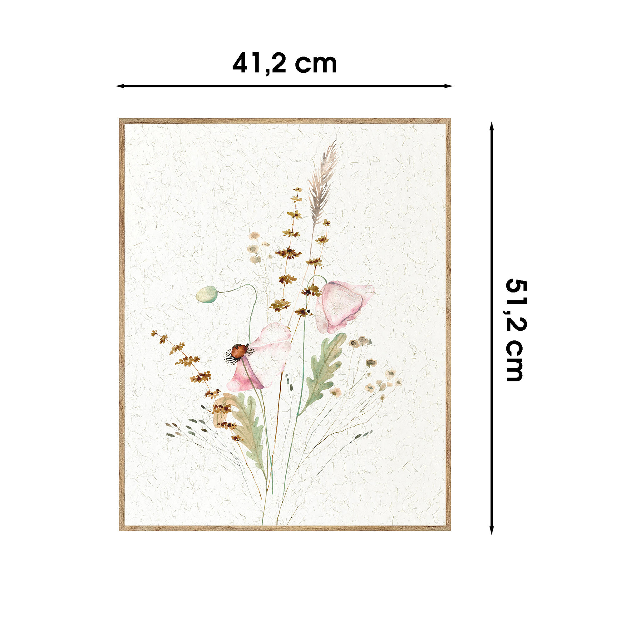 Cuadro pintura impresa enmarcada Botánica rectangular de 40 x 50 cm. MDF Amapola rosa multicolor. Marco color Haya - 3