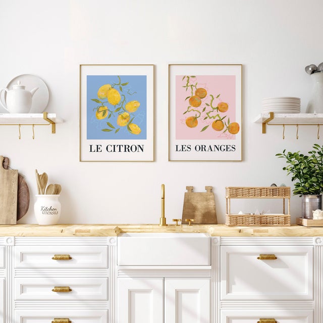2 Láminas Botánico rectangular de 30 x 40 cm. Papel Fruits Mediterranees amarillo rosa azul y naranja