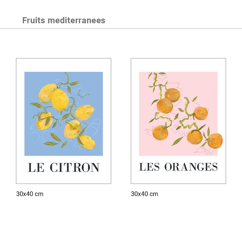 2 Láminas Botánico rectangular de 30 x 40 cm. Papel Fruits Mediterranees amarillo rosa azul y naranja - 3