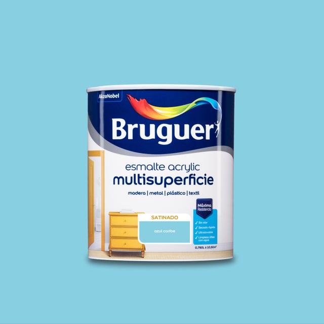 Esmalte de interior Acrylic BRUGUER color azul caribe satinado 750ml para puertas, carpintería, muebles y cerámica