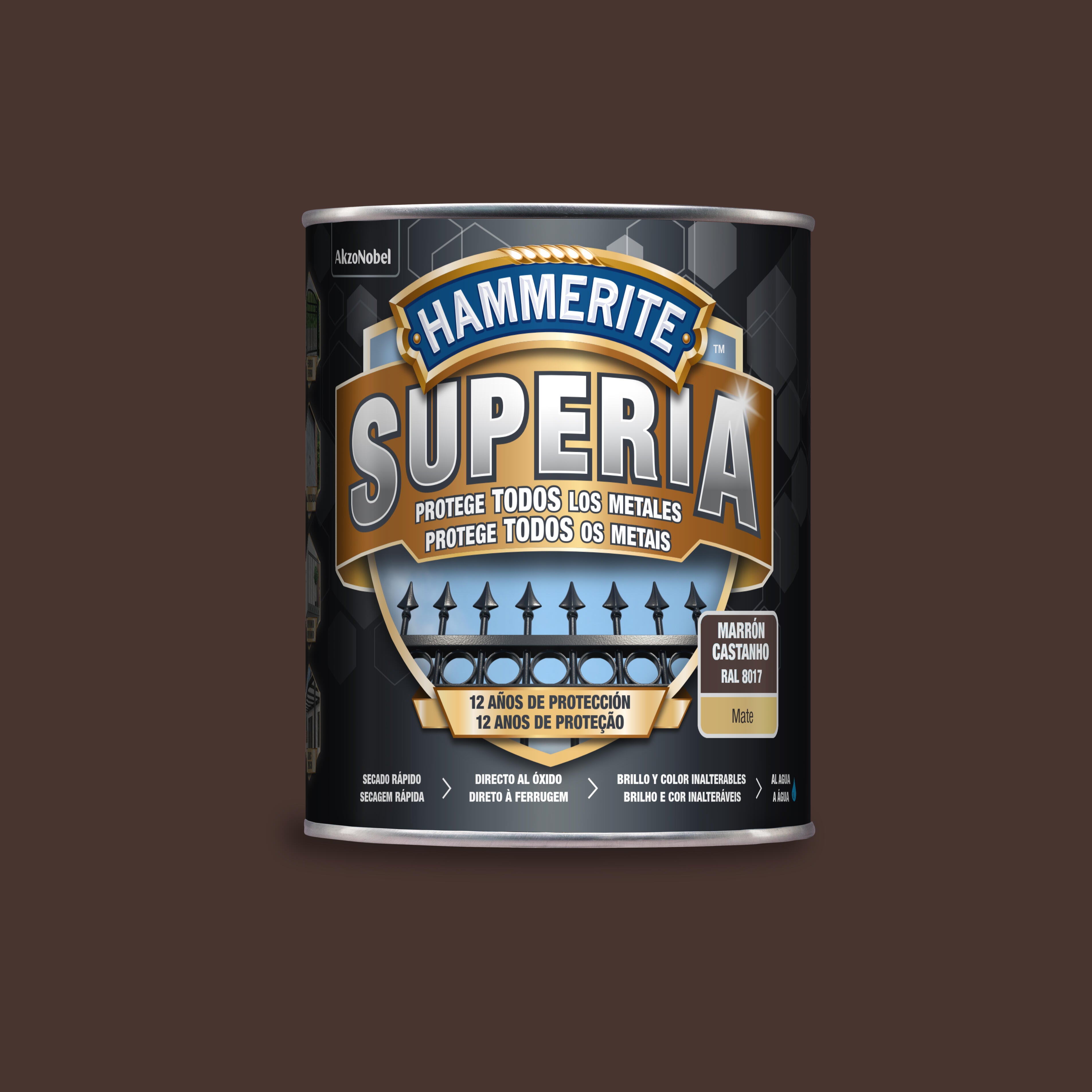 Pintura exterior color marrón oscuro para aluminio, acero galvanizado, acero, hierro, reja, valla hammerite mate 750ml base agua aplicación directa sobre el óxido