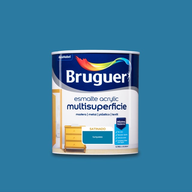 Esmalte de interior Acrylic BRUGUER color azul turquesa satinado 750ml para puertas, muebles y cerámica