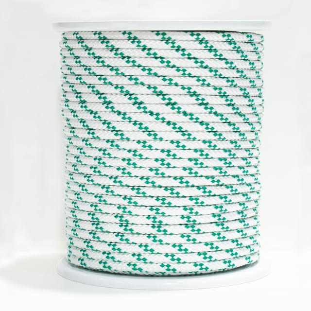 CUERDA POLIPROPILENO TRENZADA CON ALMA 8MM. 1M BLANCA CON PINTAS VERDES ROMBULL