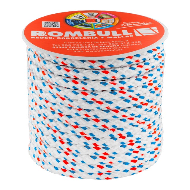 CUERDA POLIÉSTER TRENZADA 8MM 18M BLANCO PINTAS AZUL NARANJA ROMBULL