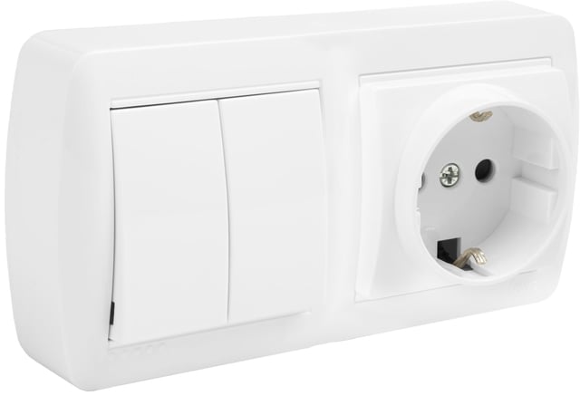 SCHUKO + CONMUTADOR DOBLE MURAL SUPERFICIE BLANCO