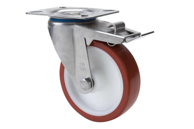 RUEDA CON FRENO POLIURETANO GIRATORIA ACERO INOXIDABLE  80 MM.