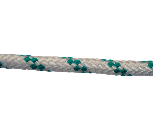 CUERDA POLIPROPILENO TRENZADA CON ALMA 6MM. 1M BLANCO CON PINTAS VERDES ROMBULL