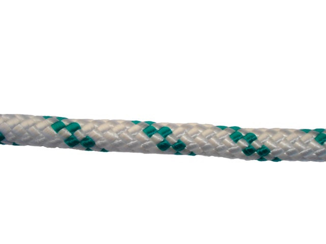 CUERDA POLIPROPILENO TRENZADA CON ALMA 12MM. 1M BLANCA CON PINTAS VERDES ROMBULL